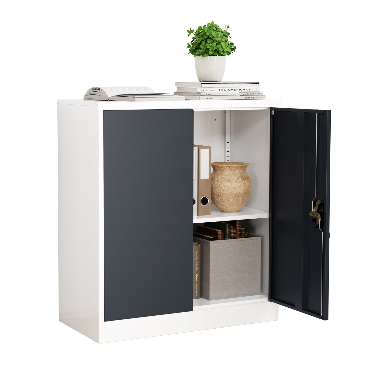 VCM Metall Büroschrank H. 90 x B. 80 x T. 40 cm / Aktenschrank Büromöbel für Ordner / Stahlschrank abschließbar / Flügeltürschrank Malivo 2 fach mit Drehtüren