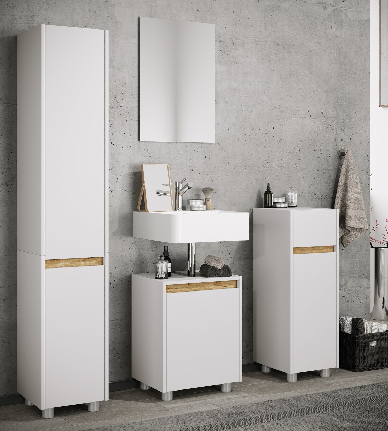 VCM Midischrank – schmaler Badschrank mit 1 Schublade und 1 Drehtür, H. 85 x B. 30 x T. 32 cm, kompakte Aufbewahrung für Badezimmer, Badmöbel Schubladenkommode, Cosila
