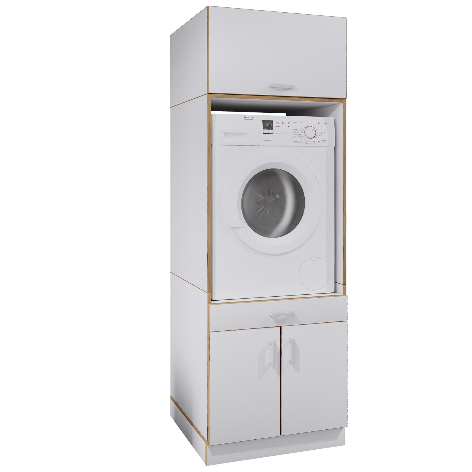 VCM Waschmaschinenschrank mit Unterschrank, Waschmaschinenumbau mit Stauraum hinter zwei Drehtüren und einer Schublade, Maße: Überbauschrank H. 200 x B. 67 x T. 68 cm, Rislo CL XXL