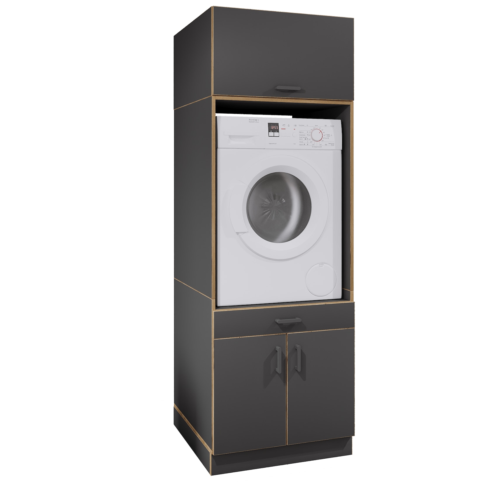 VCM Waschmaschinenschrank mit Unterschrank, Waschmaschinenumbau mit Stauraum hinter zwei Drehtüren und einer Schublade, Maße: Überbauschrank H. 200 x B. 67 x T. 68 cm, Rislo CL XXL