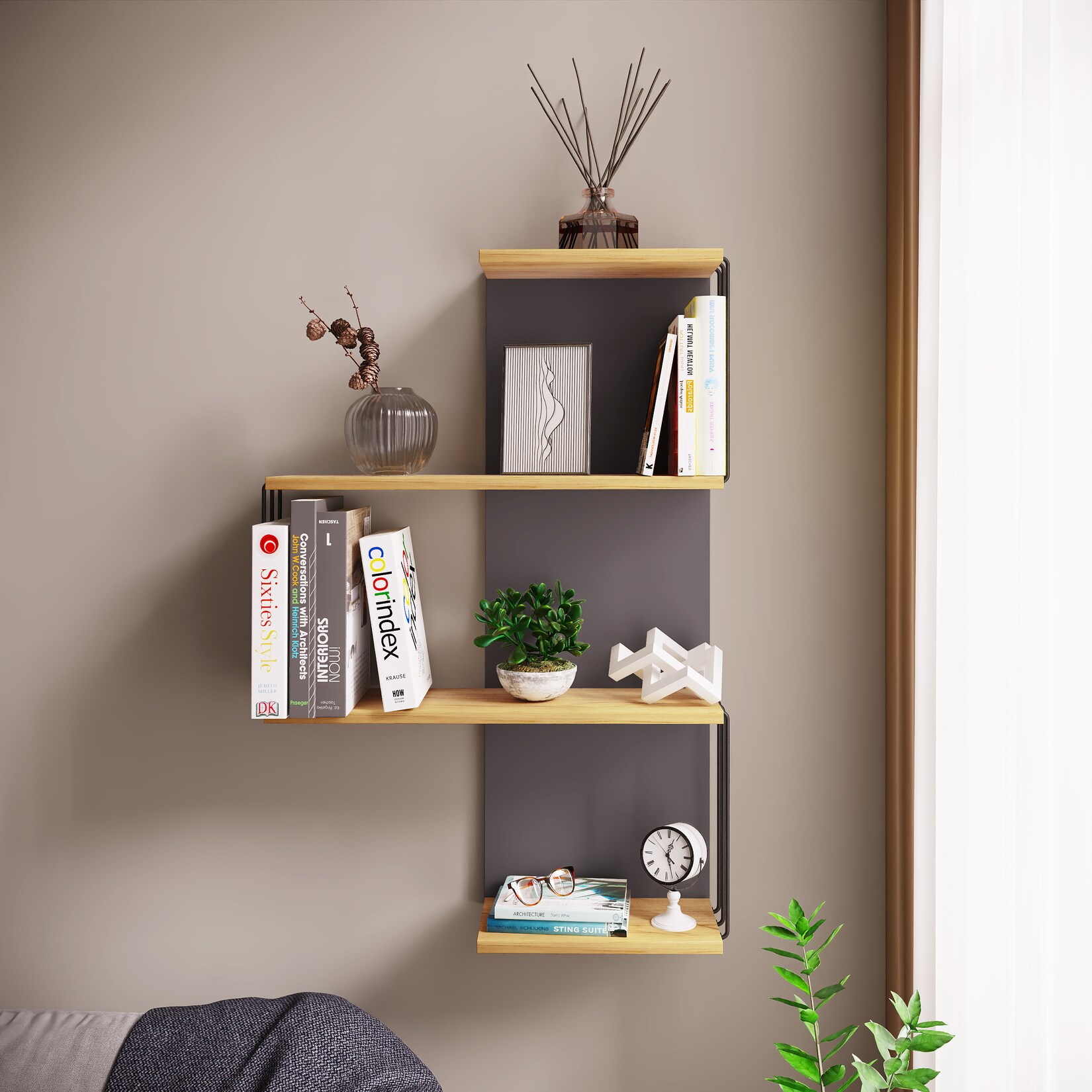 VCM Modernes Hängeregal aus Holz – platzsparendes Wandregal Dolira L, 98 x 68 x 19 cm, elegantes Aufbewahrungs- und Bücherregal für Wohnzimmer, Büro & Flur