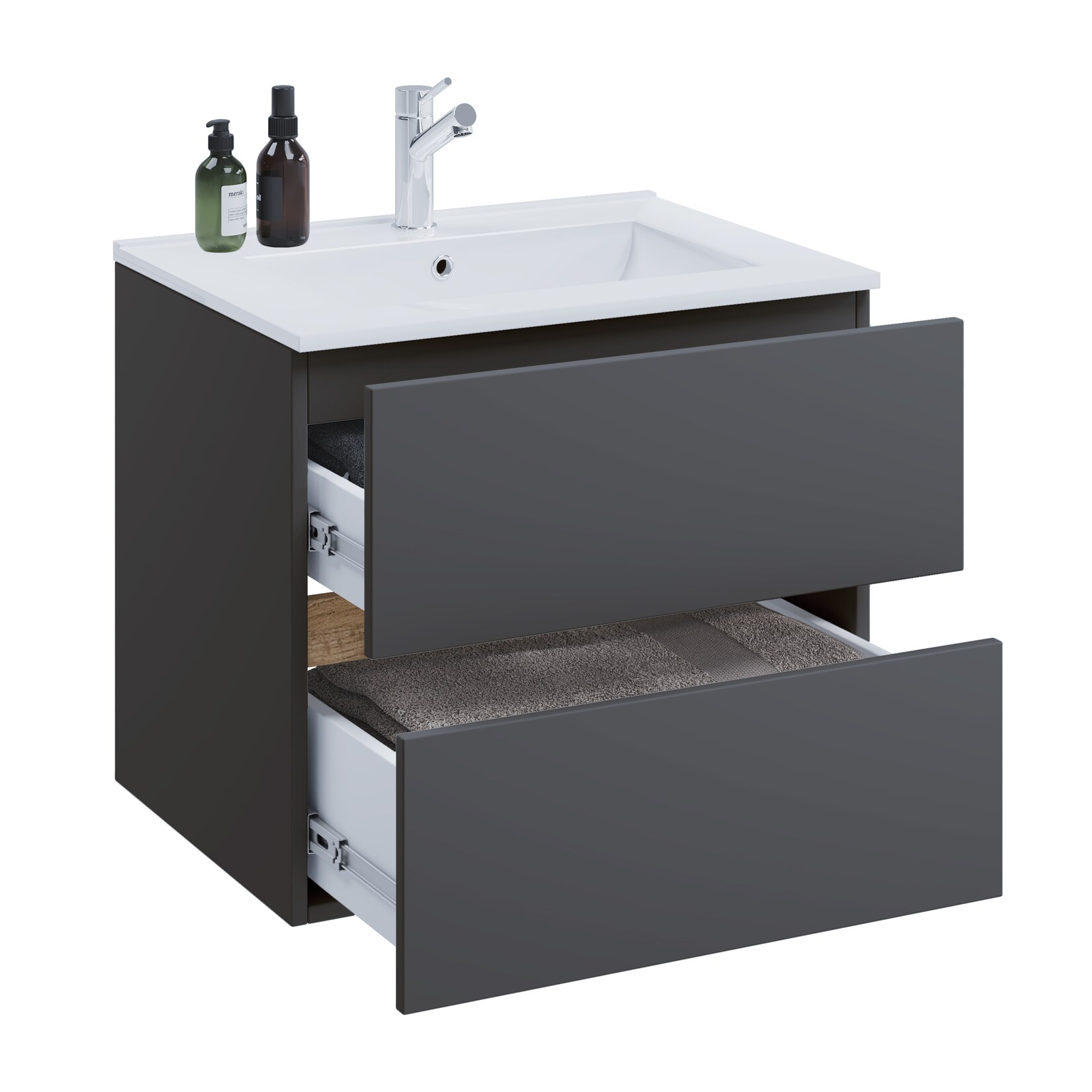 VCM 2-tlg. Waschtisch mit Keramikbecken, Badschrank mit 2 Softclose-Schubladen, Maße Waschplatz Set: H. 51 x B. 61 x T. 47 cm, Cosila-I