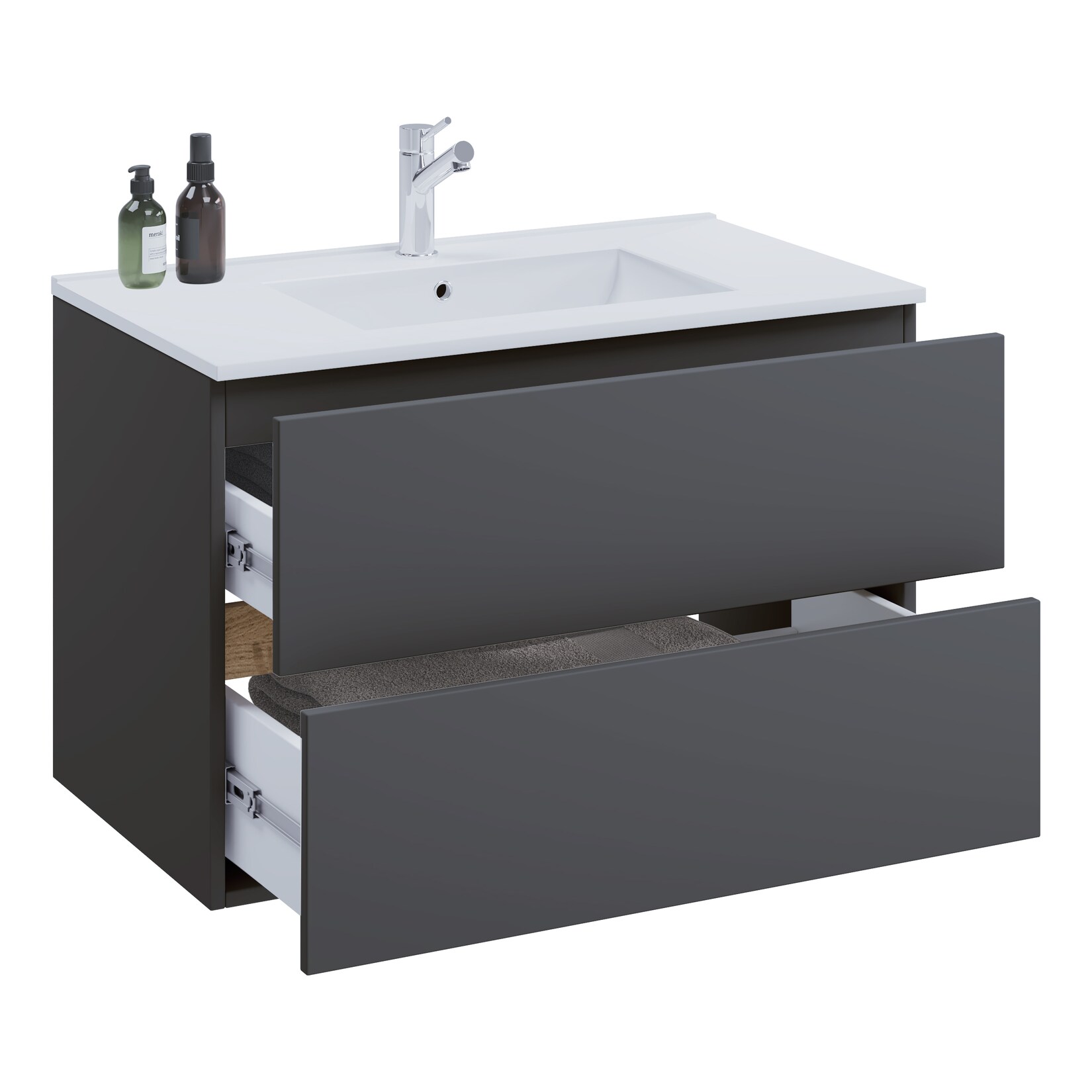 VCM 2-tlg. Waschtisch mit Keramikbecken, Badschrank mit 2 Softclose-Schubladen, Maße Waschplatz Set: H. 51 x B. 81 x T. 47 cm, Cosila-I