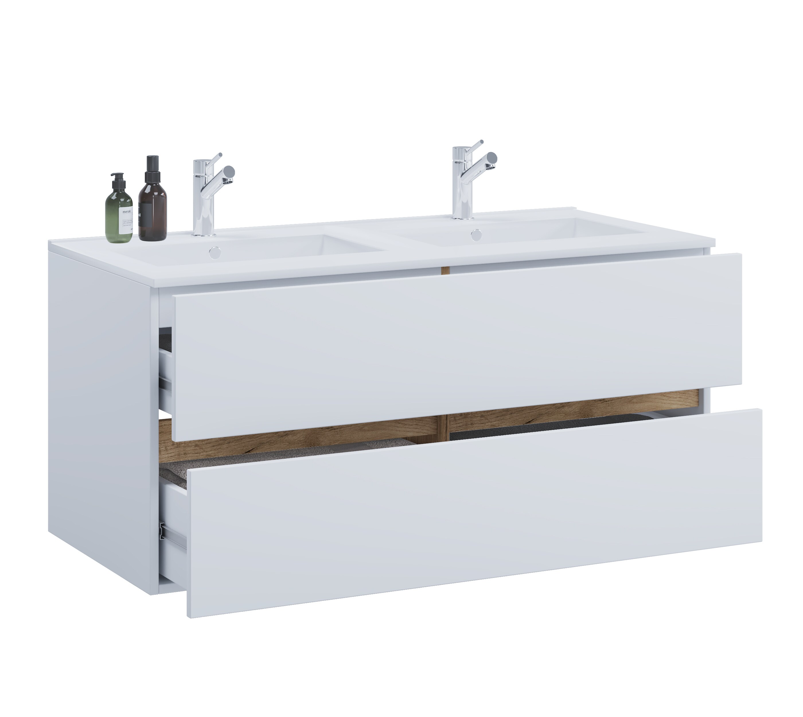 VCM 2-tlg. Doppelwaschtisch Cosila mit gro&szlig;em Keramikbecken &ndash; Badschrank mit 2 Softclose-Schubladen, Ma&szlig;e Waschplatz Set: H. 51 x B. 112 x T. 47 cm, Cosila-I - Bild 1