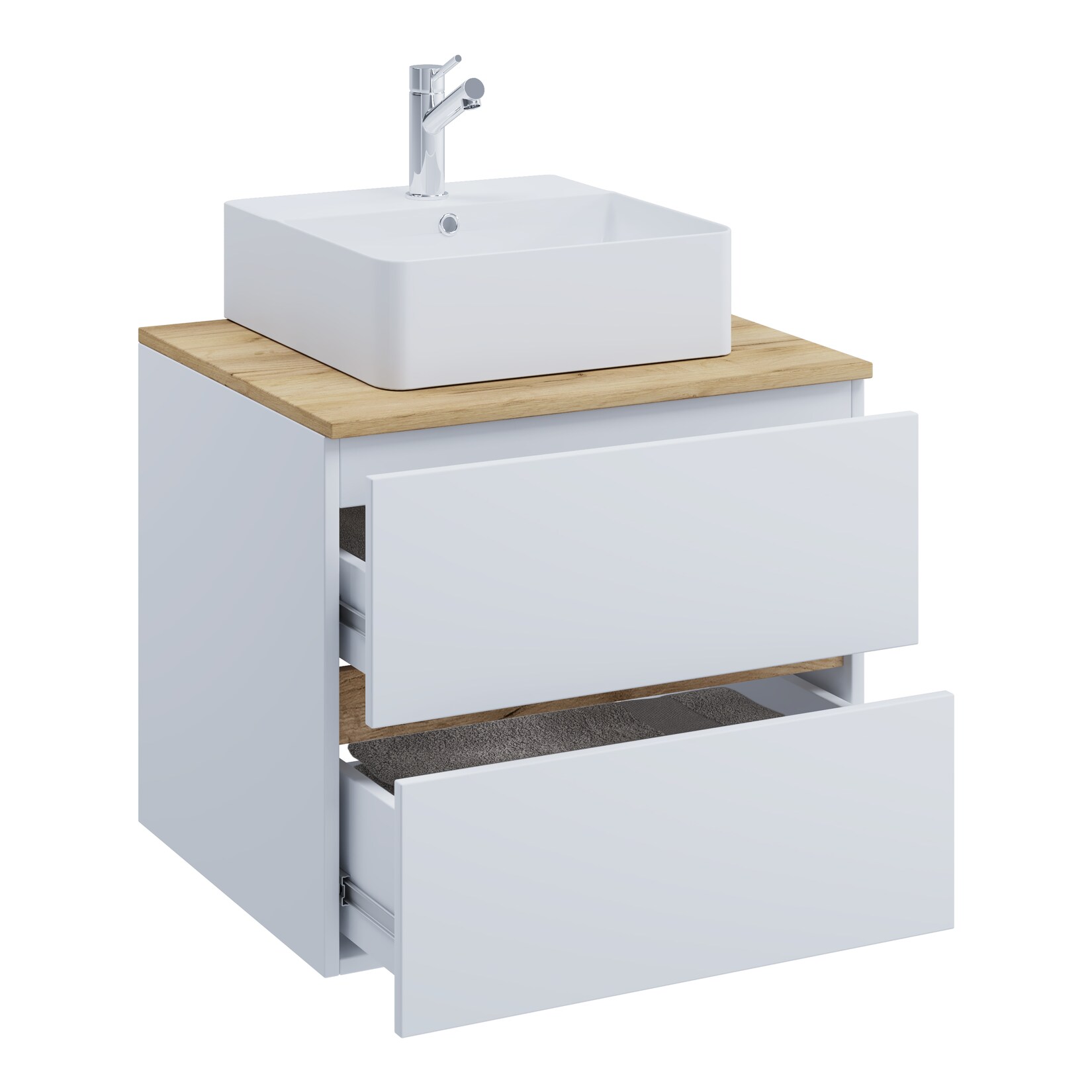 VCM 2-tlg. Waschtisch mit Aufsatz Keramikbecken, Badschrank mit 2 Softclose-Schubladen, Maße Waschplatz Set: H. 51 x B. 60 x T. 47 cm, Cosila-A