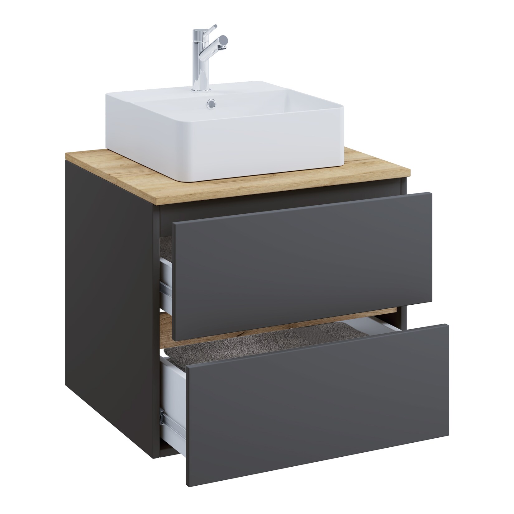 VCM 2-tlg. Waschtisch mit Aufsatz Keramikbecken, Badschrank mit 2 Softclose-Schubladen, Maße Waschplatz Set: H. 51 x B. 60 x T. 47 cm, Cosila-A