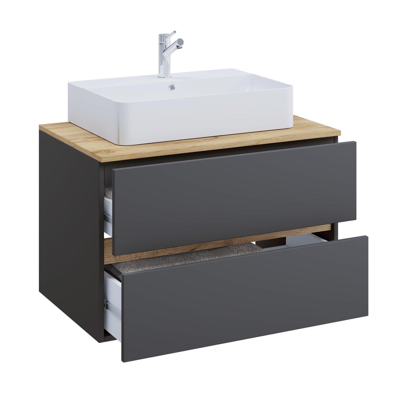 VCM 2-tlg. Waschtisch mit Keramik Aufsatzbecken, Badschrank mit 2 Softclose-Schubladen, Maße Waschplatz Set: H. 51 x B. 80 x T. 47 cm, Cosila-A