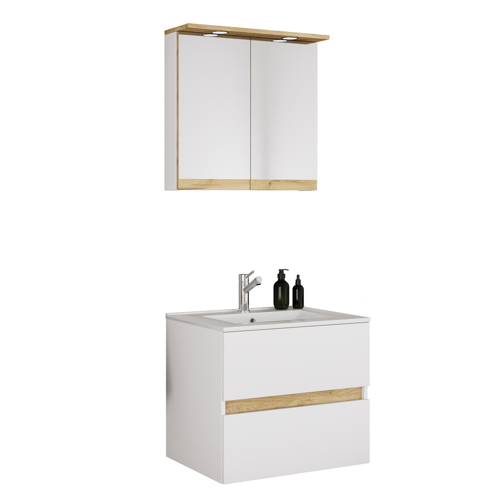 VCM 3-tlg. Waschtisch Set mit Keramikbecken, Badschrank mit 2 Softclose-Schubladen, Spiegelschrank mit Beleuchtung und Steckdose, Maße Unterschrank H. 51 x B. 61 x T. 47 cm, Cosila-I