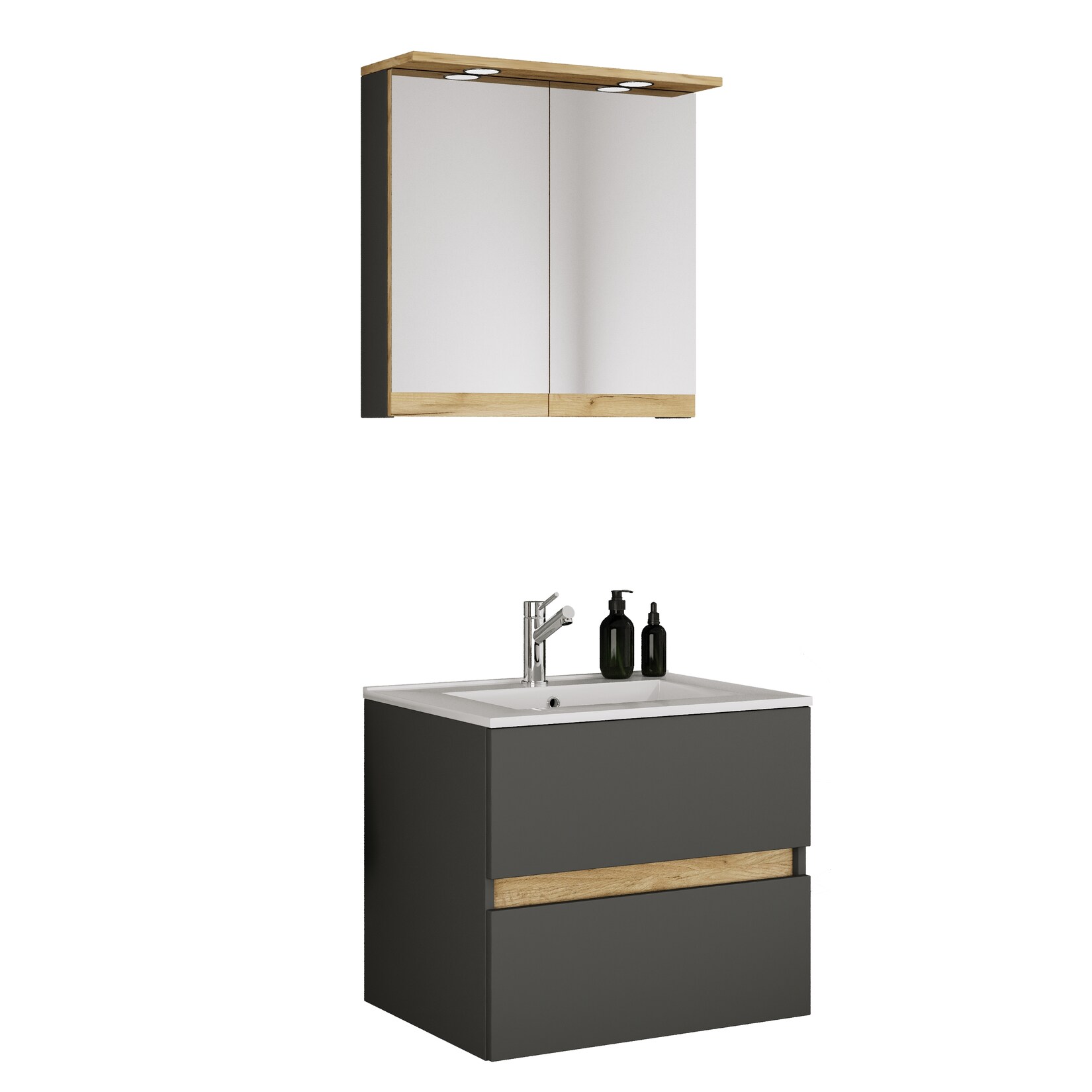 VCM 3-tlg. Waschtisch Set mit Keramikbecken, Badschrank mit 2 Softclose-Schubladen, Spiegelschrank mit Beleuchtung und Steckdose, Maße Unterschrank H. 51 x B. 61 x T. 47 cm, Cosila-I