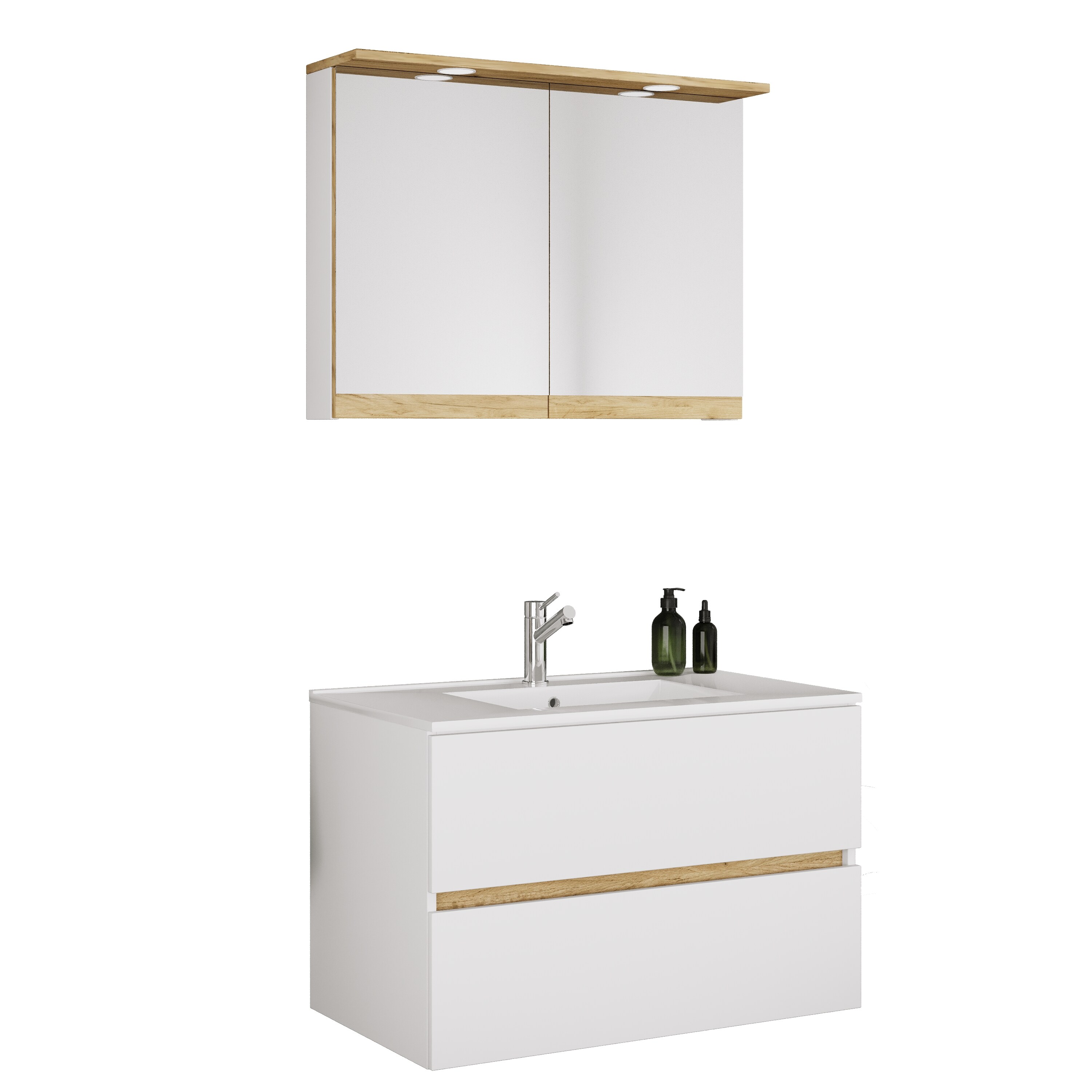VCM 3-tlg. Waschtisch Set mit Keramikbecken, Badschrank mit 2 Softclose-Schubladen, Spiegelschrank mit Beleuchtung und Steckdose, Ma&szlig;e Unterschrank H. 51 x B. 81 x T. 47 cm, Cosila-I - Bild 1