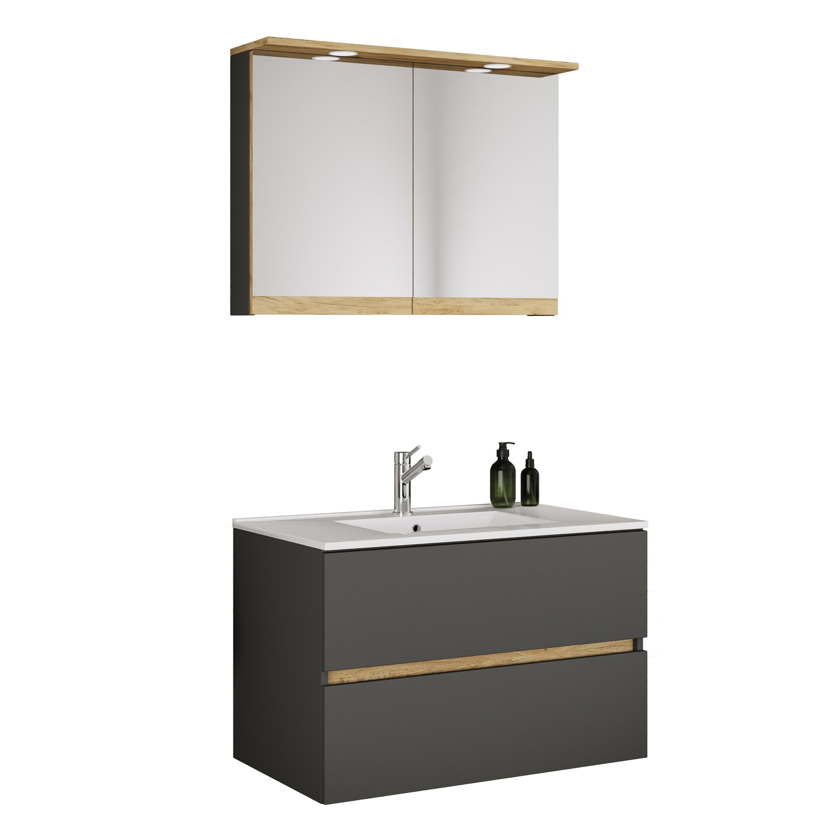 VCM 3-tlg. Waschtisch Set mit Keramikbecken, Badschrank mit 2 Softclose-Schubladen, Spiegelschrank mit Beleuchtung und Steckdose, Maße Unterschrank H. 51 x B. 81 x T. 47 cm, Cosila-I