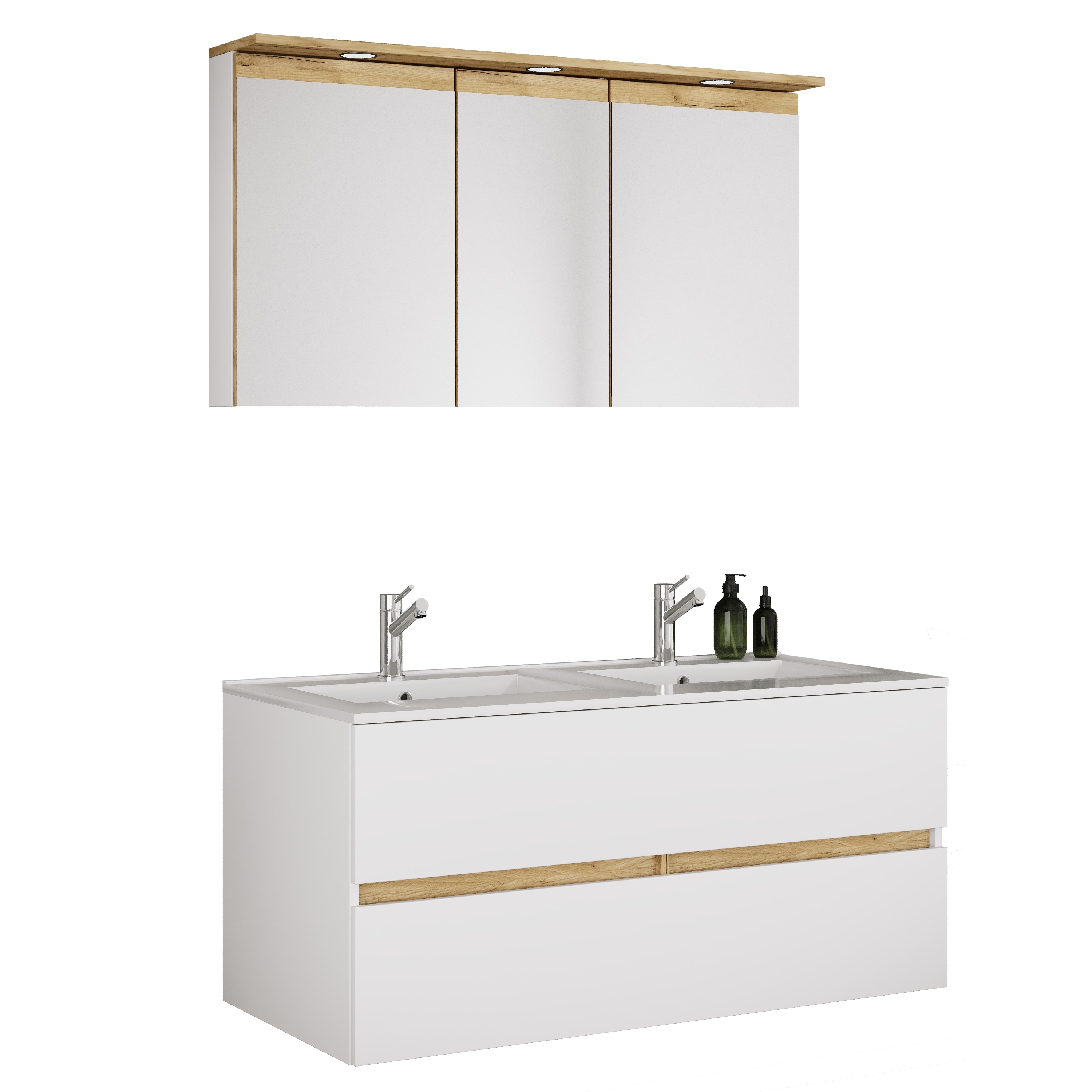 VCM 3-tlg. Doppelwaschtisch Cosila mit Doppel Keramikbecken &ndash; Badschrank  H. 51 x B. 111 x T. 51 cm mit 2 Softclose-Schubladen, Spiegelschrank mit Beleuchtung & Steckdose, Waschplatz Set Cosila-I - Bild 1