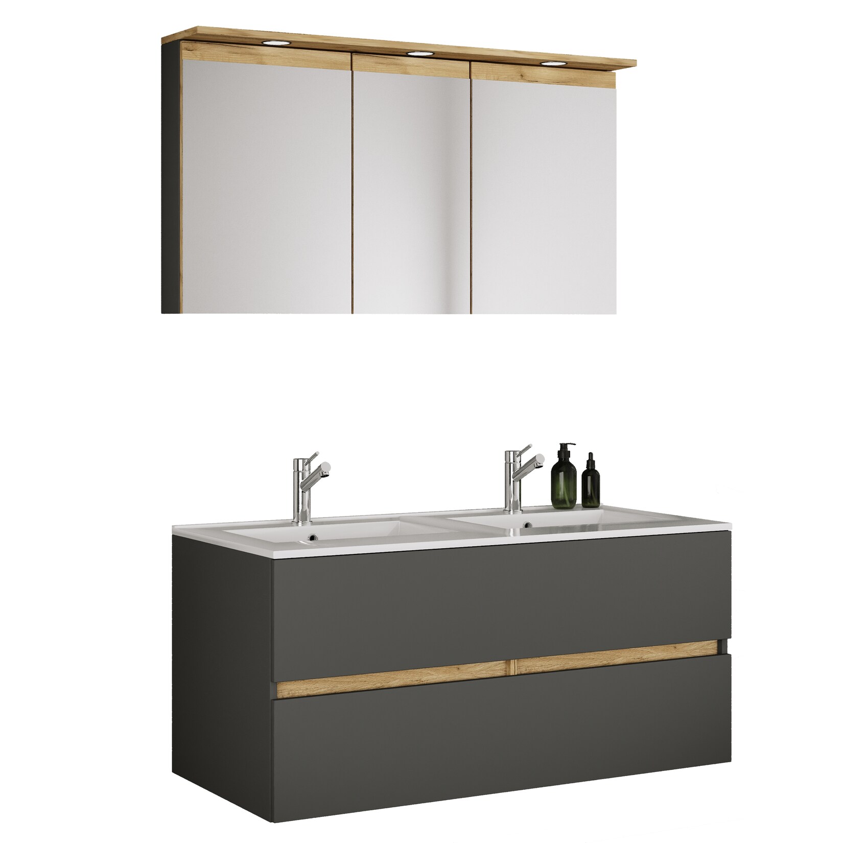 VCM 3-tlg. Doppelwaschtisch Cosila mit Doppel Keramikbecken – Badschrank H. 51 x B. 111 x T. 51 cm mit 2 Softclose-Schubladen, Spiegelschrank mit Beleuchtung & Steckdose, Waschplatz Set Cosila-I