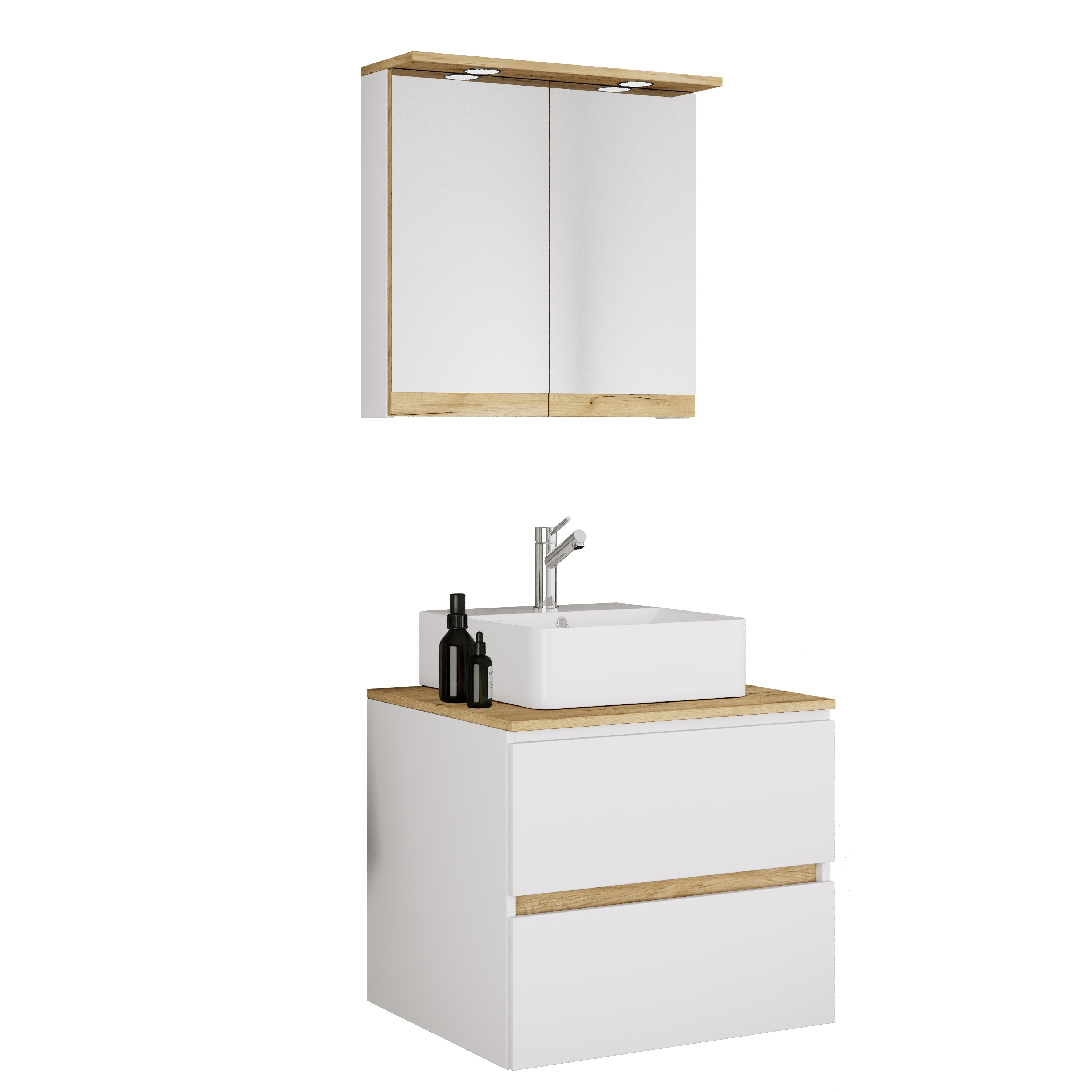 VCM 3-tlg. Waschtisch Set mit Keramikbecken, Badschrank mit 2 Softclose-Schubladen, Spiegelschrank mit Beleuchtung und Steckdose, Ma&szlig;e Unterschrank H. 51 x B. 60 x T. 51 cm, Cosila-A - Bild 1
