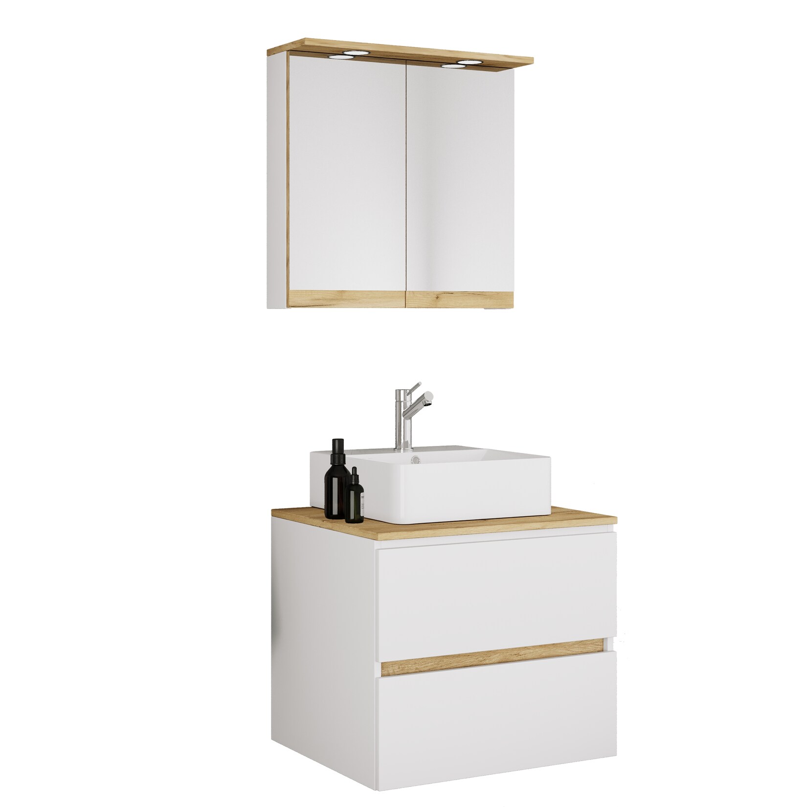VCM 3-tlg. Waschtisch Set mit Keramikbecken, Badschrank mit 2 Softclose-Schubladen, Spiegelschrank mit Beleuchtung und Steckdose, Maße Unterschrank H. 51 x B. 60 x T. 51 cm, Cosila-A