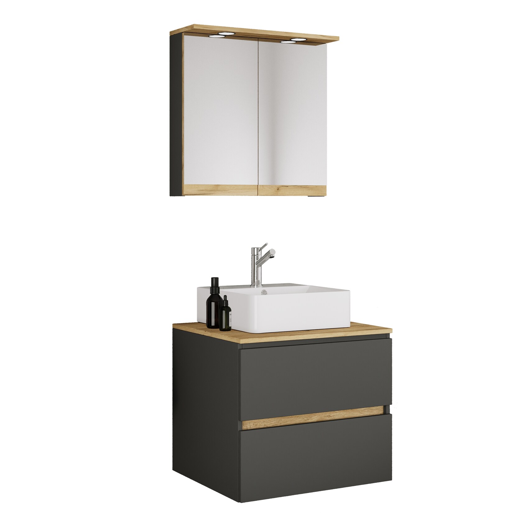 VCM 3-tlg. Waschtisch Set mit Keramikbecken, Badschrank mit 2 Softclose-Schubladen, Spiegelschrank mit Beleuchtung und Steckdose, Maße Unterschrank H. 51 x B. 60 x T. 51 cm, Cosila-A