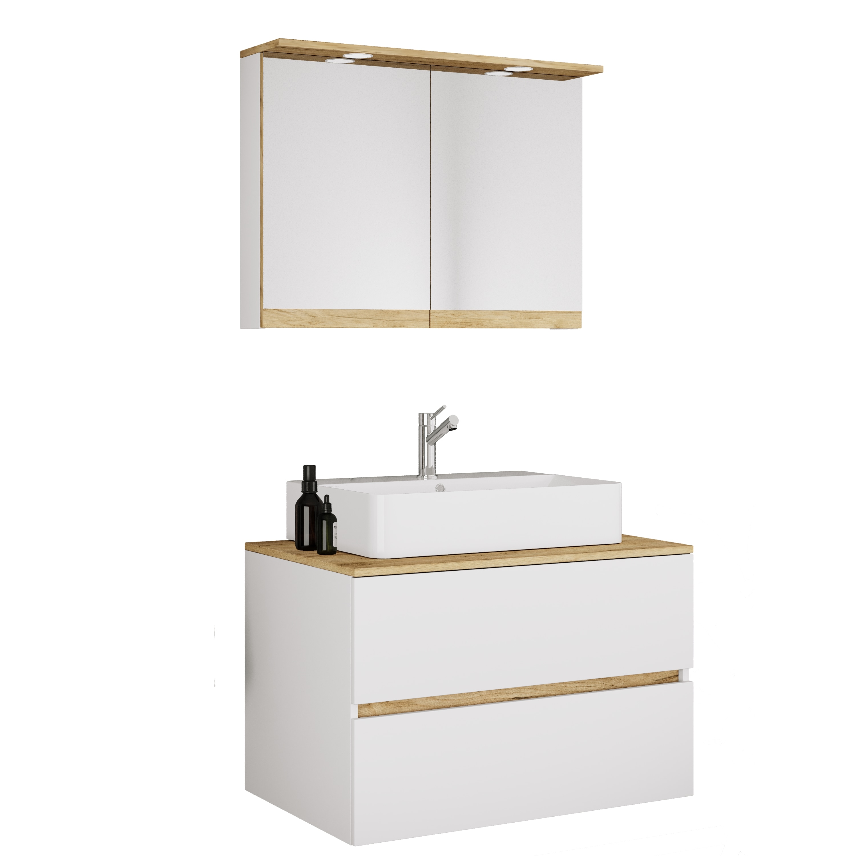 VCM 3-tlg. Waschtisch Set mit Keramikbecken, Badschrank mit 2 Softclose-Schubladen, Spiegelschrank mit Beleuchtung und Steckdose, Ma&szlig;e Unterschrank H. 51 x B. 80 x T. 51 cm, Cosila-A - Bild 1