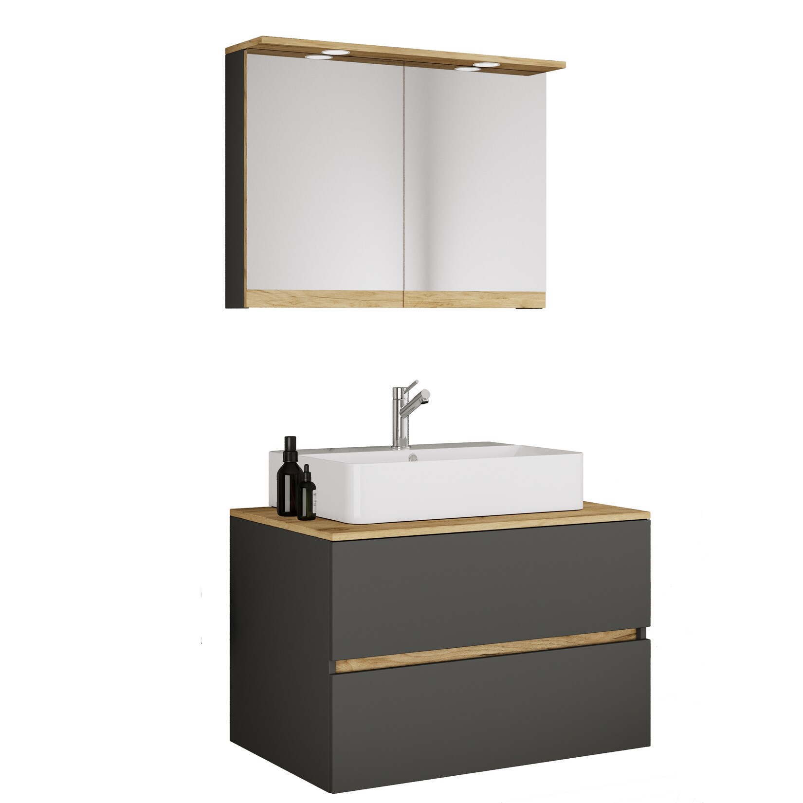 VCM 3-tlg. Waschtisch Set mit Keramikbecken, Badschrank mit 2 Softclose-Schubladen, Spiegelschrank mit Beleuchtung und Steckdose, Maße Unterschrank H. 51 x B. 80 x T. 51 cm, Cosila-A