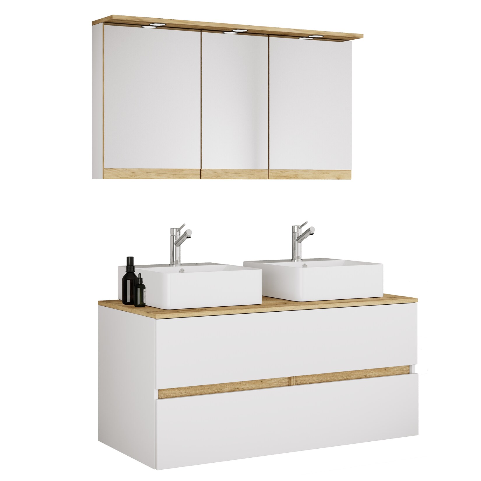 VCM 4-tlg. Doppelwaschtisch Cosila mit 2 Keramikbecken – Badschrank H. 51 x B. 111 x T. 51 cm mit 2 Softclose-Schubladen, Spiegelschrank mit Beleuchtung & Steckdose, Waschplatz Set Cosila-A