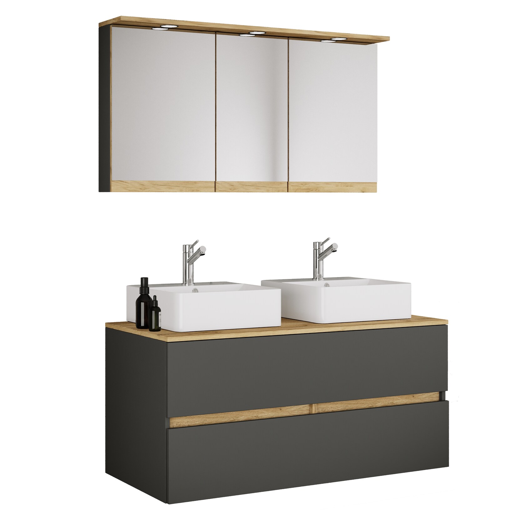 VCM 4-tlg. Doppelwaschtisch Cosila mit 2 Keramikbecken – Badschrank H. 51 x B. 111 x T. 51 cm mit 2 Softclose-Schubladen, Spiegelschrank mit Beleuchtung & Steckdose, Waschplatz Set Cosila-A