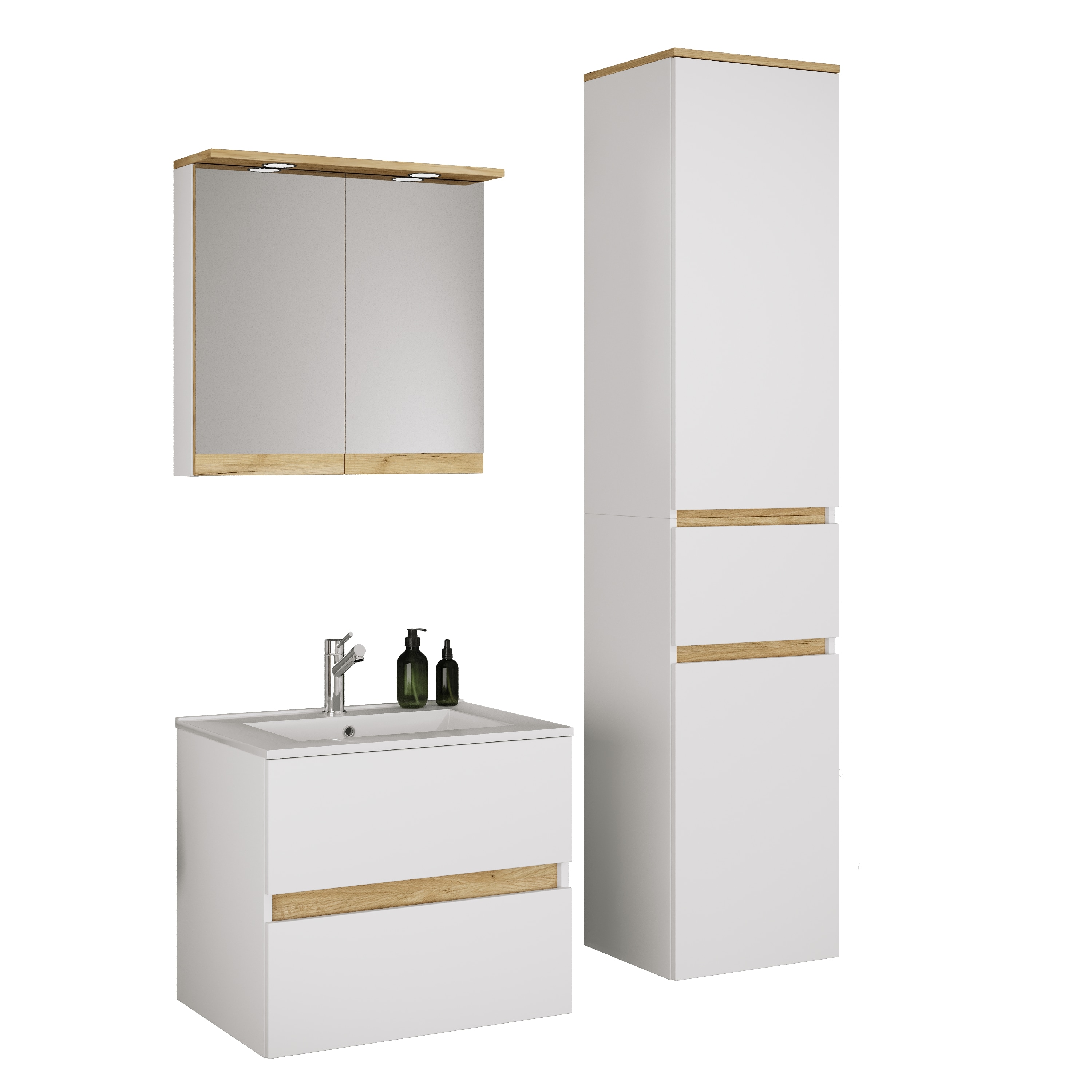 VCM 4-tlg. Waschtisch Set mit Keramikbecken, Badschrank mit 2 Softclose-Schubladen, Hochschrank, Spiegelschrank mit Beleuchtung und Steckdose, Ma&szlig;e Unterschrank H. 51 x B. 61 x T. 47 cm, Cosila-I - Bild 1