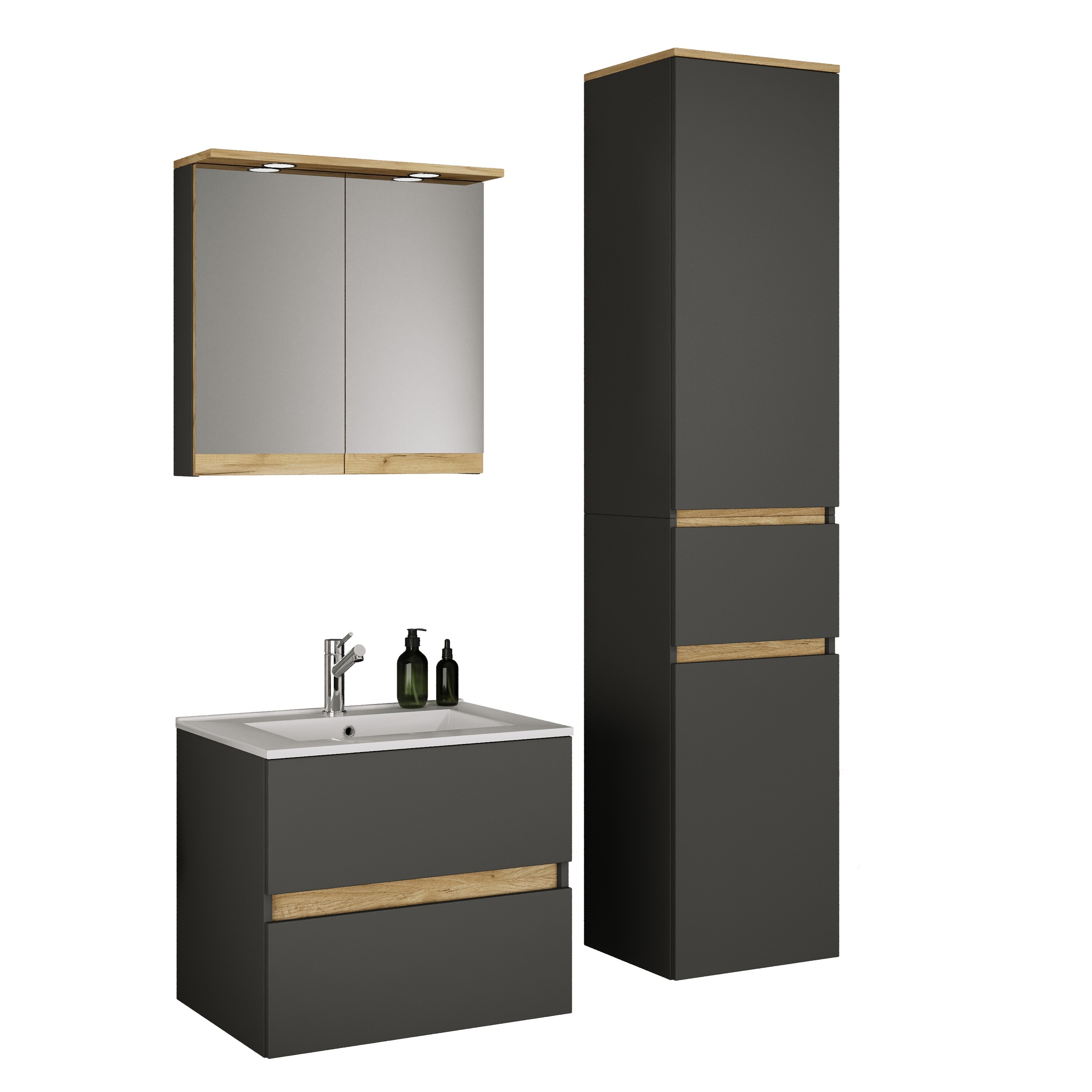 VCM 4-tlg. Waschtisch Set mit Keramikbecken, Badschrank mit 2 Softclose-Schubladen, Hochschrank, Spiegelschrank mit Beleuchtung und Steckdose, Ma&szlig;e Unterschrank H. 51 x B. 61 x T. 47 cm, Cosila-I - Bild 1