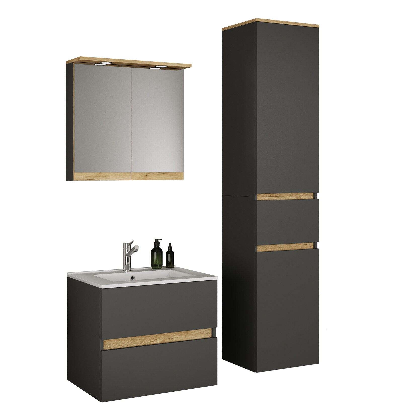 VCM 4-tlg. Waschtisch Set mit Keramikbecken, Badschrank mit 2 Softclose-Schubladen, Hochschrank, Spiegelschrank mit Beleuchtung und Steckdose, Maße Unterschrank H. 51 x B. 61 x T. 47 cm, Cosila-I