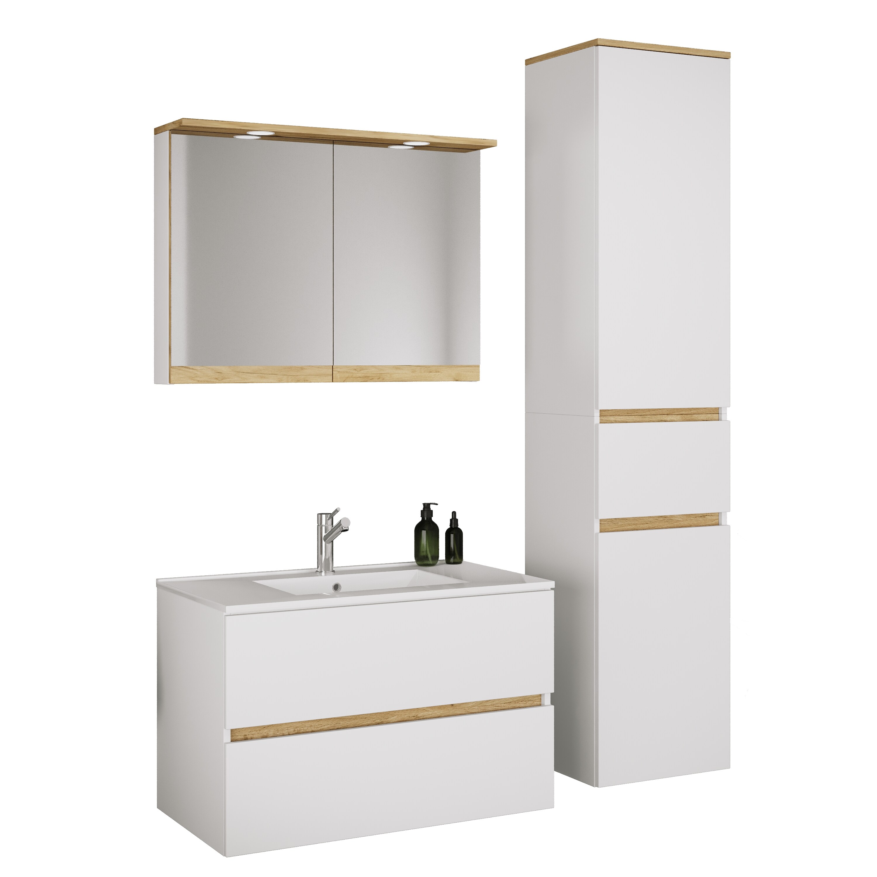 VCM 4-tlg. Waschtisch Set mit Keramikbecken, Badschrank mit 2 Softclose-Schubladen, Hochschrank, Spiegelschrank mit Beleuchtung und Steckdose, Ma&szlig;e Unterschrank H. 51 x B. 81 x T. 47 cm, Cosila-I - Bild 1
