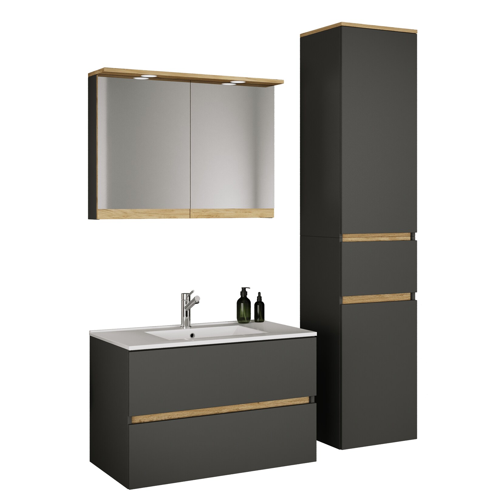 VCM 4-tlg. Waschtisch Set mit Keramikbecken, Badschrank mit 2 Softclose-Schubladen, Hochschrank, Spiegelschrank mit Beleuchtung und Steckdose, Maße Unterschrank H. 51 x B. 81 x T. 47 cm, Cosila-I