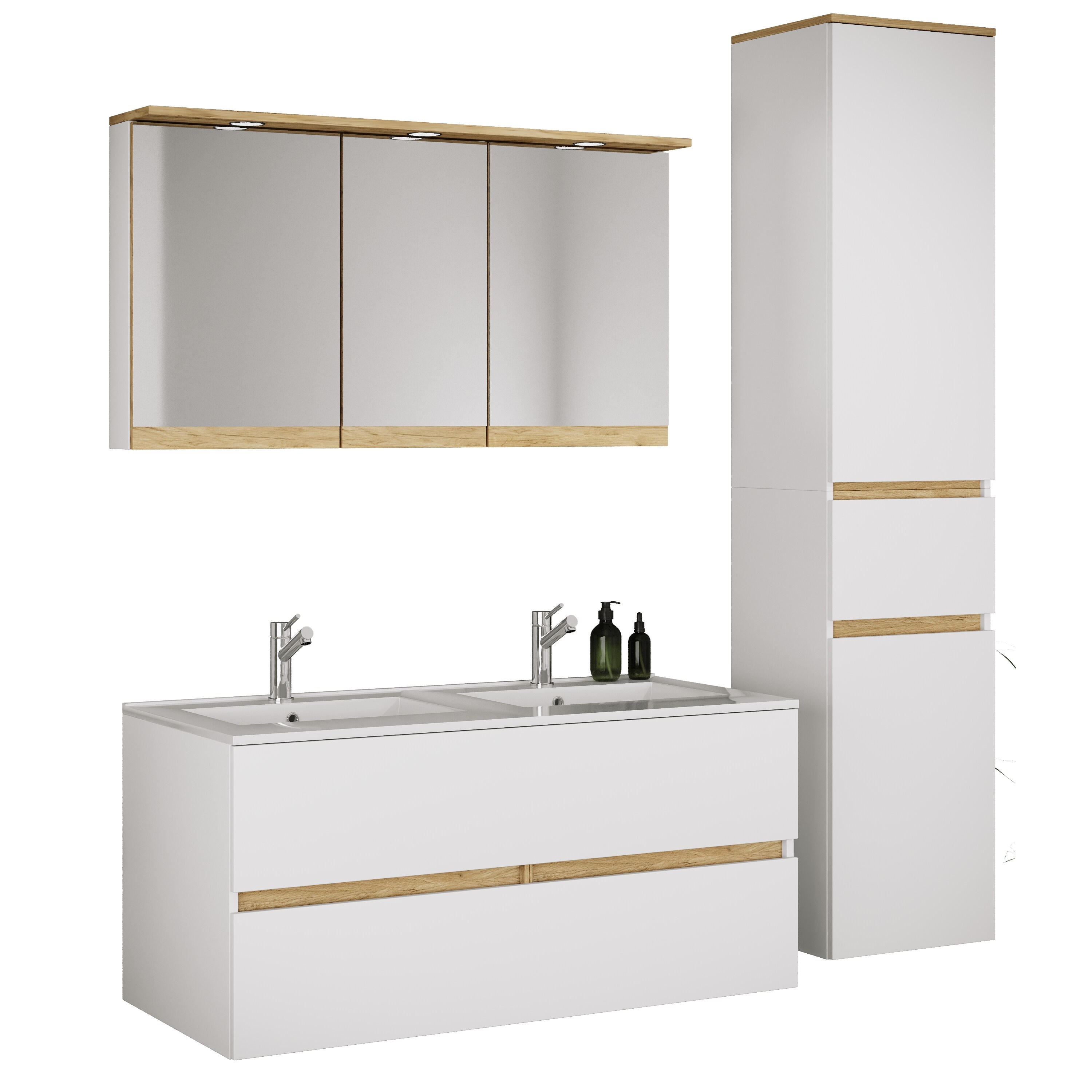 VCM 4-tlg. Doppelwaschtisch Cosila mit Doppel Keramikbecken &ndash; Badschrank H. 51 x B. 111 x T. 51 cm mit 2 Softclose-Schubladen, Spiegelschrank mit Beleuchtung & Steckdose und Hochschrank Cosila-I - Bild 1
