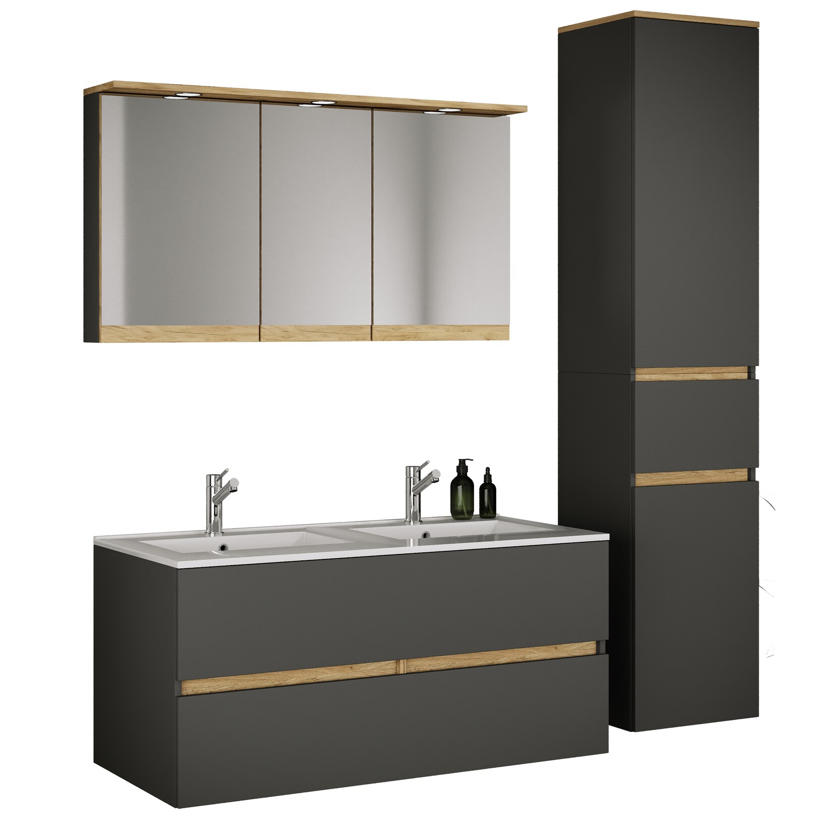 VCM 4-tlg. Doppelwaschtisch Cosila mit Doppel Keramikbecken – Badschrank H. 51 x B. 111 x T. 51 cm mit 2 Softclose-Schubladen, Spiegelschrank mit Beleuchtung & Steckdose und Hochschrank Cosila-I