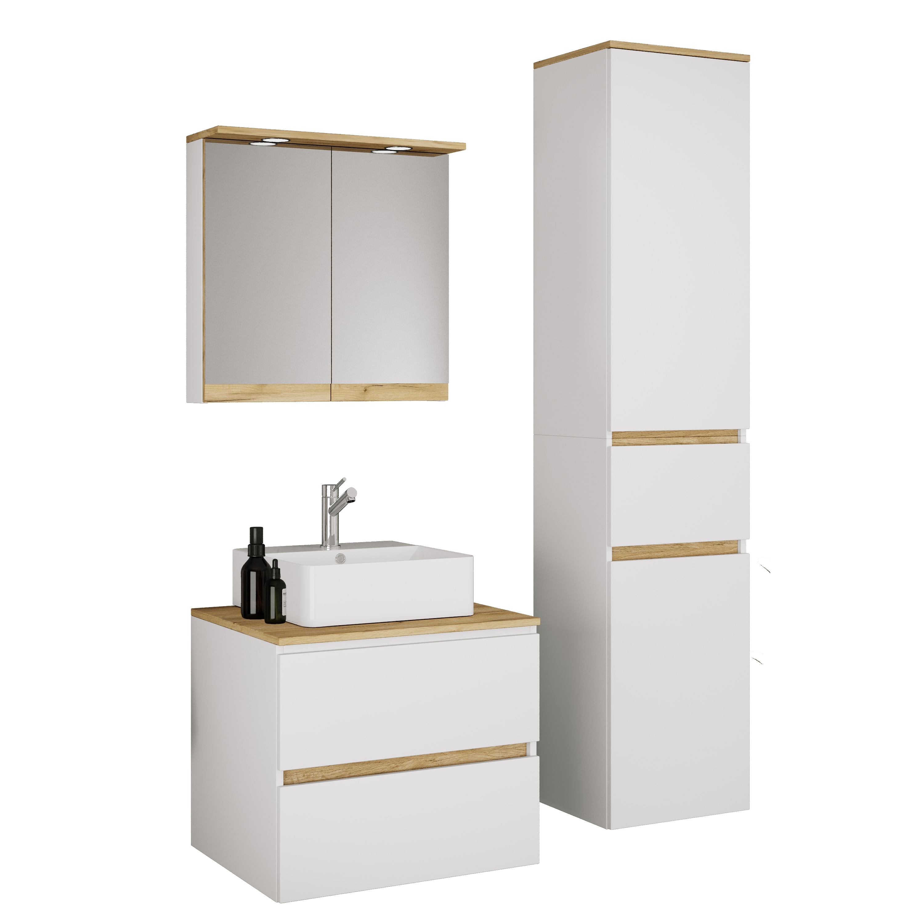 VCM 4-tlg. Waschtisch Set mit Keramikbecken, Badschrank mit 2 Softclose-Schubladen, Hochschrank, Spiegelschrank mit Beleuchtung und Steckdose, Ma&szlig;e Unterschrank H. 51 x B. 60 x T. 51 cm, Cosila-A - Bild 1