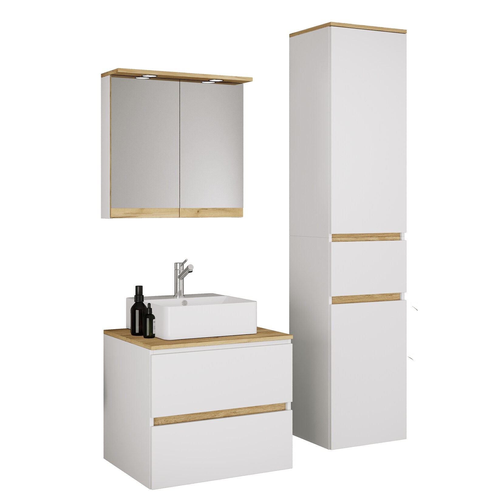 VCM 4-tlg. Waschtisch Set mit Keramikbecken, Badschrank mit 2 Softclose-Schubladen, Hochschrank, Spiegelschrank mit Beleuchtung und Steckdose, Maße Unterschrank H. 51 x B. 60 x T. 51 cm, Cosila-A
