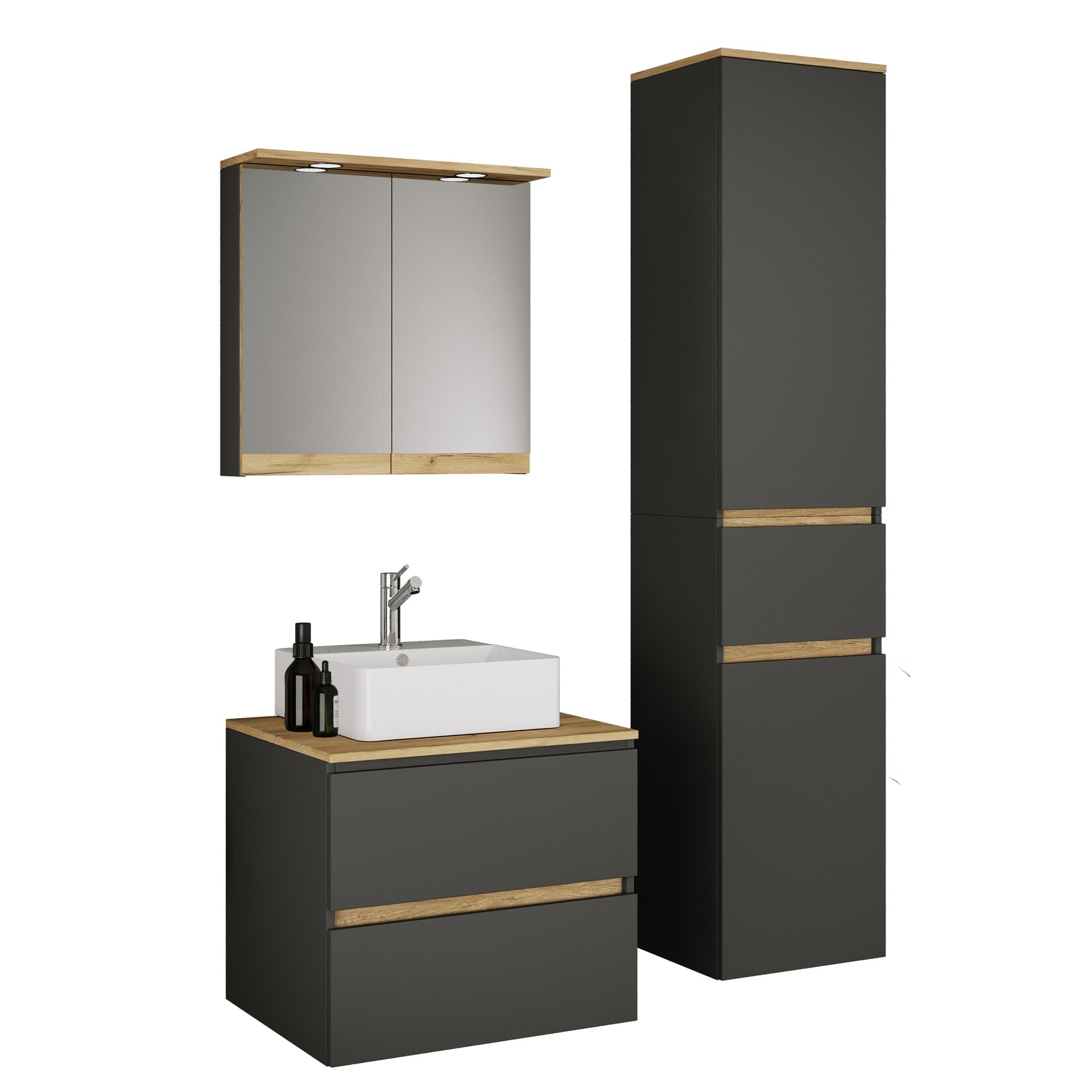 VCM 4-tlg. Waschtisch Set mit Keramikbecken, Badschrank mit 2 Softclose-Schubladen, Hochschrank, Spiegelschrank mit Beleuchtung und Steckdose, Maße Unterschrank H. 51 x B. 60 x T. 51 cm, Cosila-A