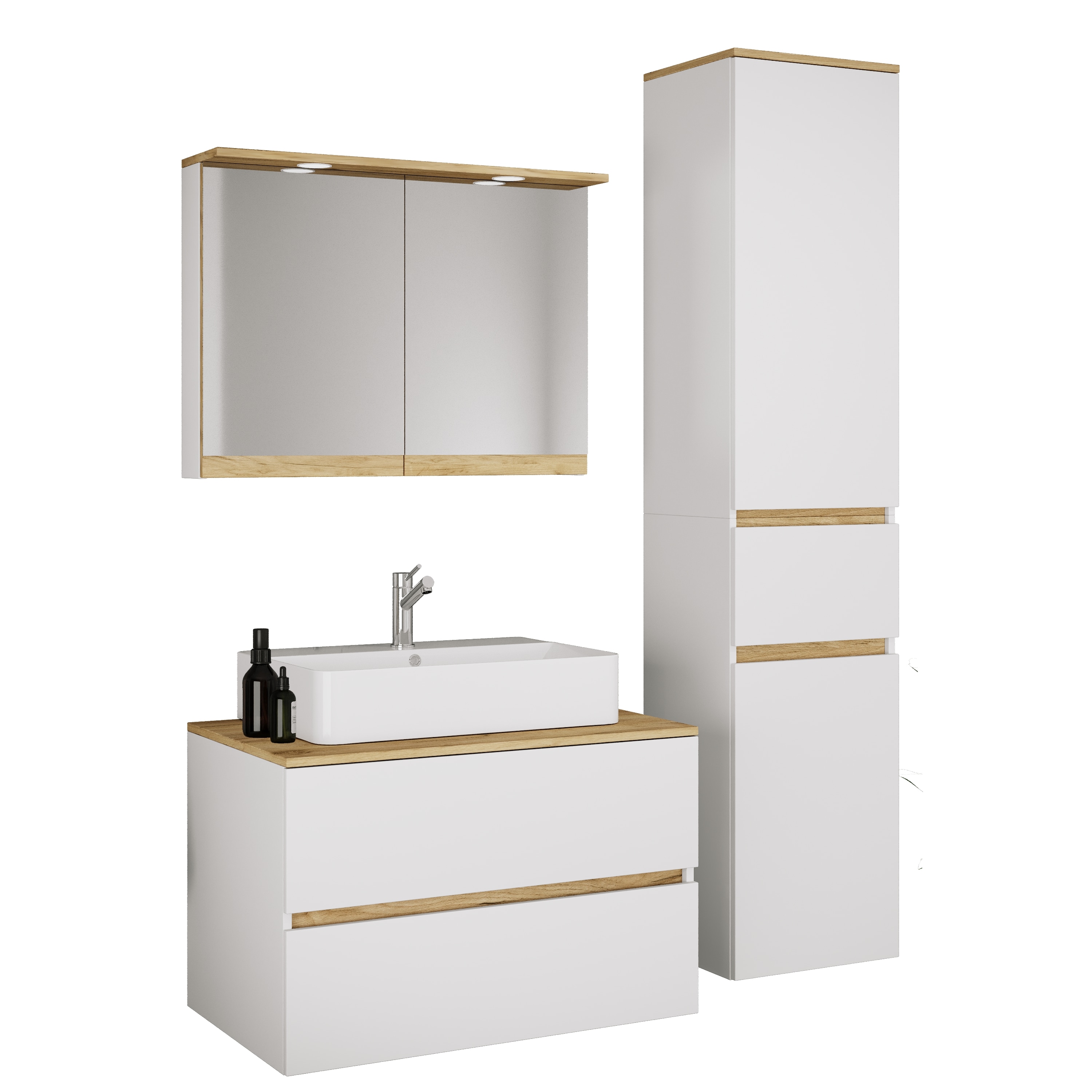 VCM 4-tlg. Waschtisch Set mit Keramikbecken, Badschrank mit 2 Softclose-Schubladen, Hochschrank, Spiegelschrank mit Beleuchtung und Steckdose, Ma&szlig;e Unterschrank H. 51 x B. 80 x T. 51 cm, Cosila-A - Bild 1