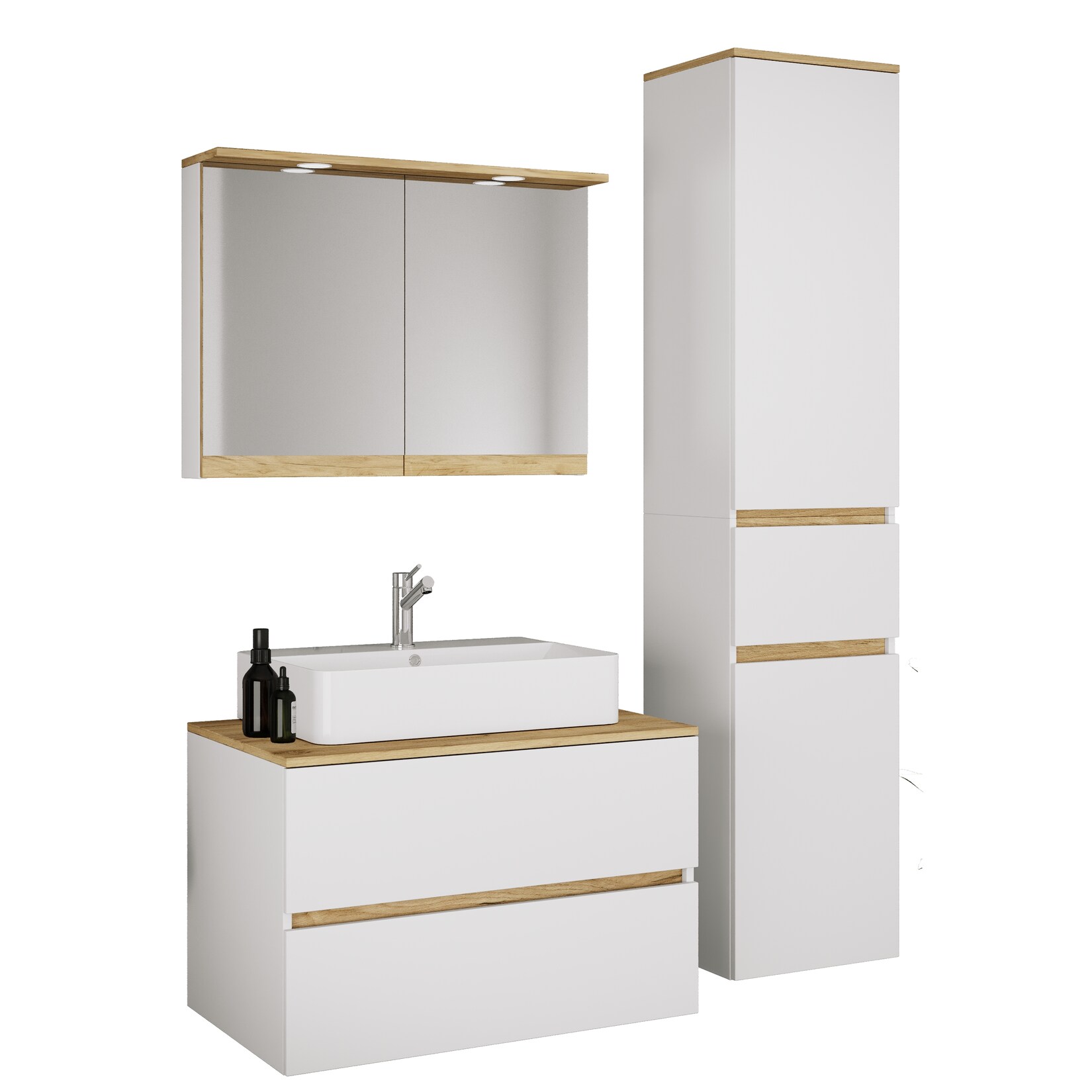 VCM 4-tlg. Waschtisch Set mit Keramikbecken, Badschrank mit 2 Softclose-Schubladen, Hochschrank, Spiegelschrank mit Beleuchtung und Steckdose, Maße Unterschrank H. 51 x B. 80 x T. 51 cm, Cosila-A