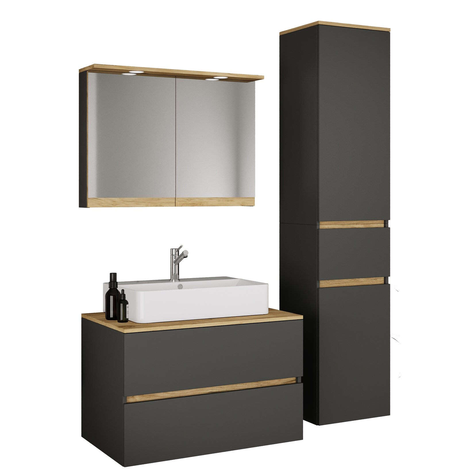 VCM 4-tlg. Waschtisch Set mit Keramikbecken, Badschrank mit 2 Softclose-Schubladen, Hochschrank, Spiegelschrank mit Beleuchtung und Steckdose, Maße Unterschrank H. 51 x B. 80 x T. 51 cm, Cosila-A