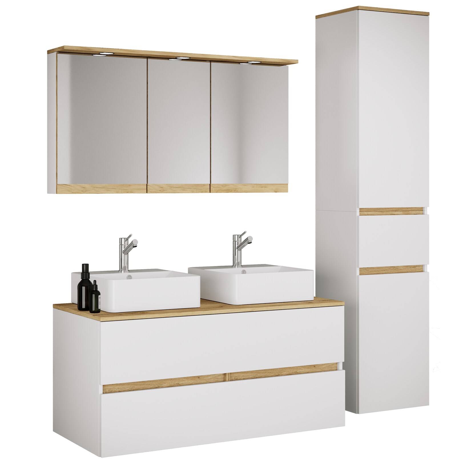 VCM 5-tlg. Doppelwaschtisch Cosila mit 2 Keramikbecken – Badschrank H. 51 x B. 111 x T. 51 cm mit 2 Softclose-Schubladen, Spiegelschrank mit Beleuchtung & Steckdose und Hochschrank Cosila-A
