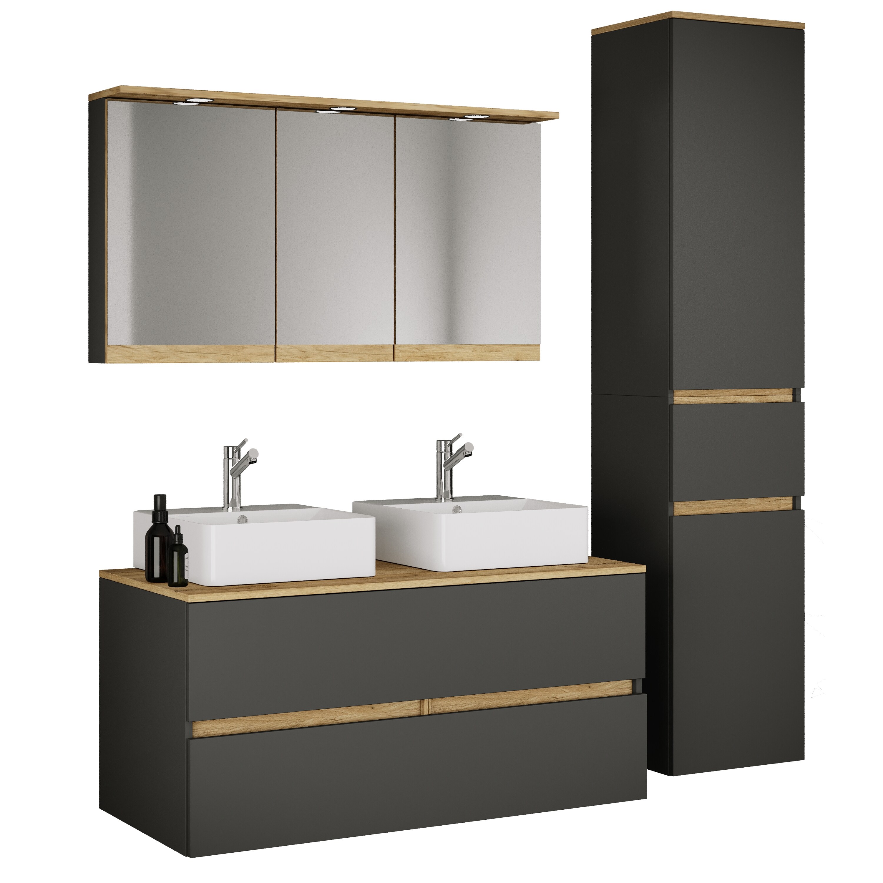 VCM 5-tlg. Doppelwaschtisch Cosila mit 2 Keramikbecken &ndash; Badschrank H. 51 x B. 111 x T. 51 cm mit 2 Softclose-Schubladen, Spiegelschrank mit Beleuchtung & Steckdose und Hochschrank Cosila-A - Bild 1