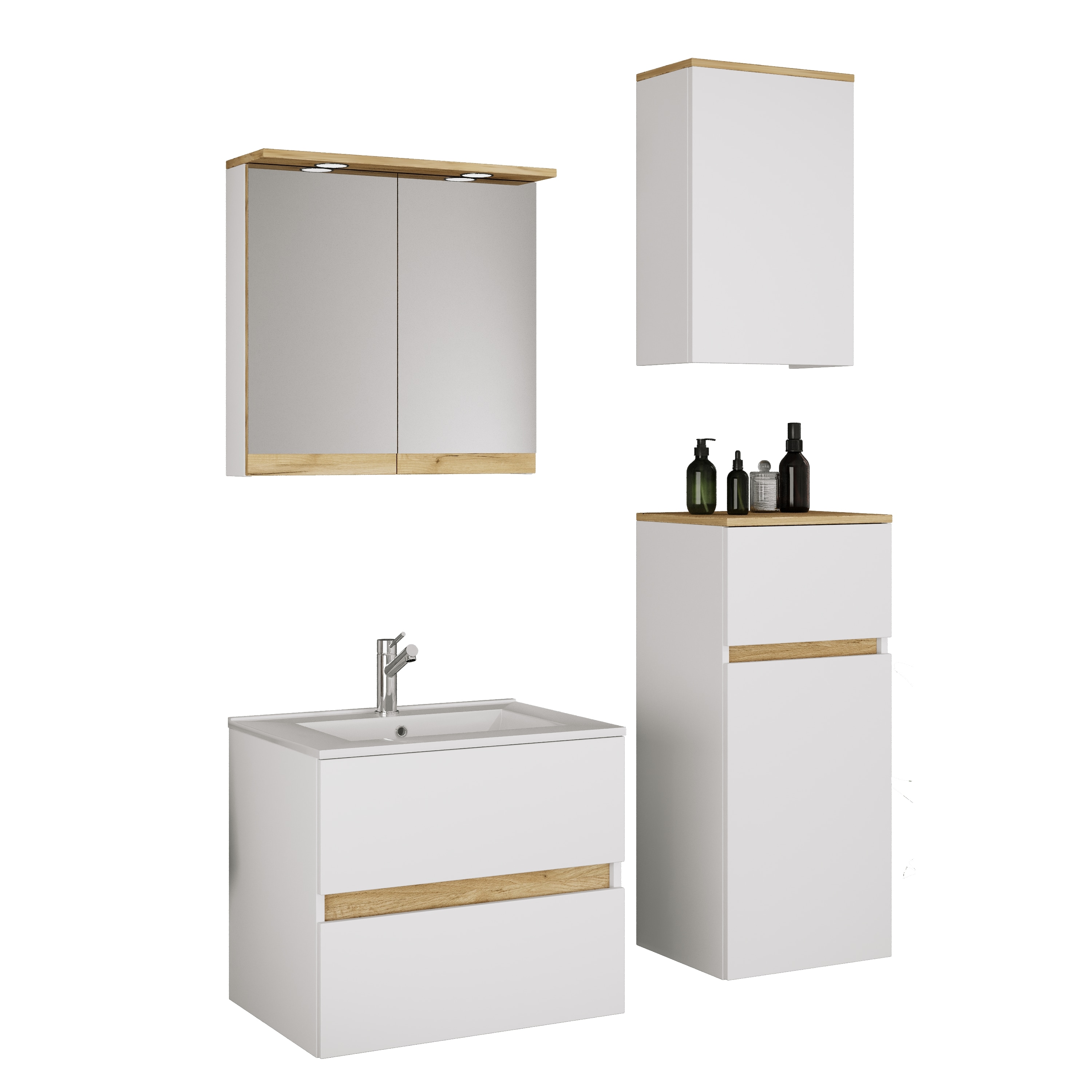 VCM 5-tlg. Waschtisch Set mit Keramikbecken, Badschrank mit 2 Softclose-Schubladen, Midischrank, H&auml;ngeschrank, Spiegelschrank mit Beleuchtung und Steckdose, Ma&szlig;e Unterschrank H. 51 x B. 61 x T. 47 cm, Cosila-I - Bild 1