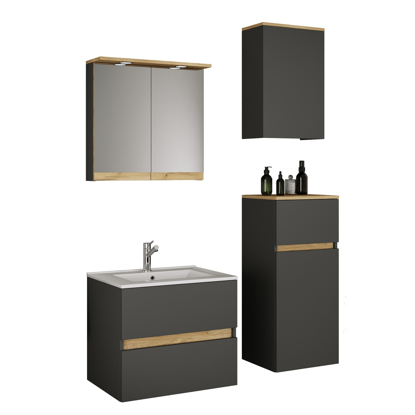 VCM 5-tlg. Waschtisch Set mit Keramikbecken, Badschrank mit 2 Softclose-Schubladen, Midischrank, Hängeschrank, Spiegelschrank mit Beleuchtung und Steckdose, Maße Unterschrank H. 51 x B. 61 x T. 47 cm, Cosila-I