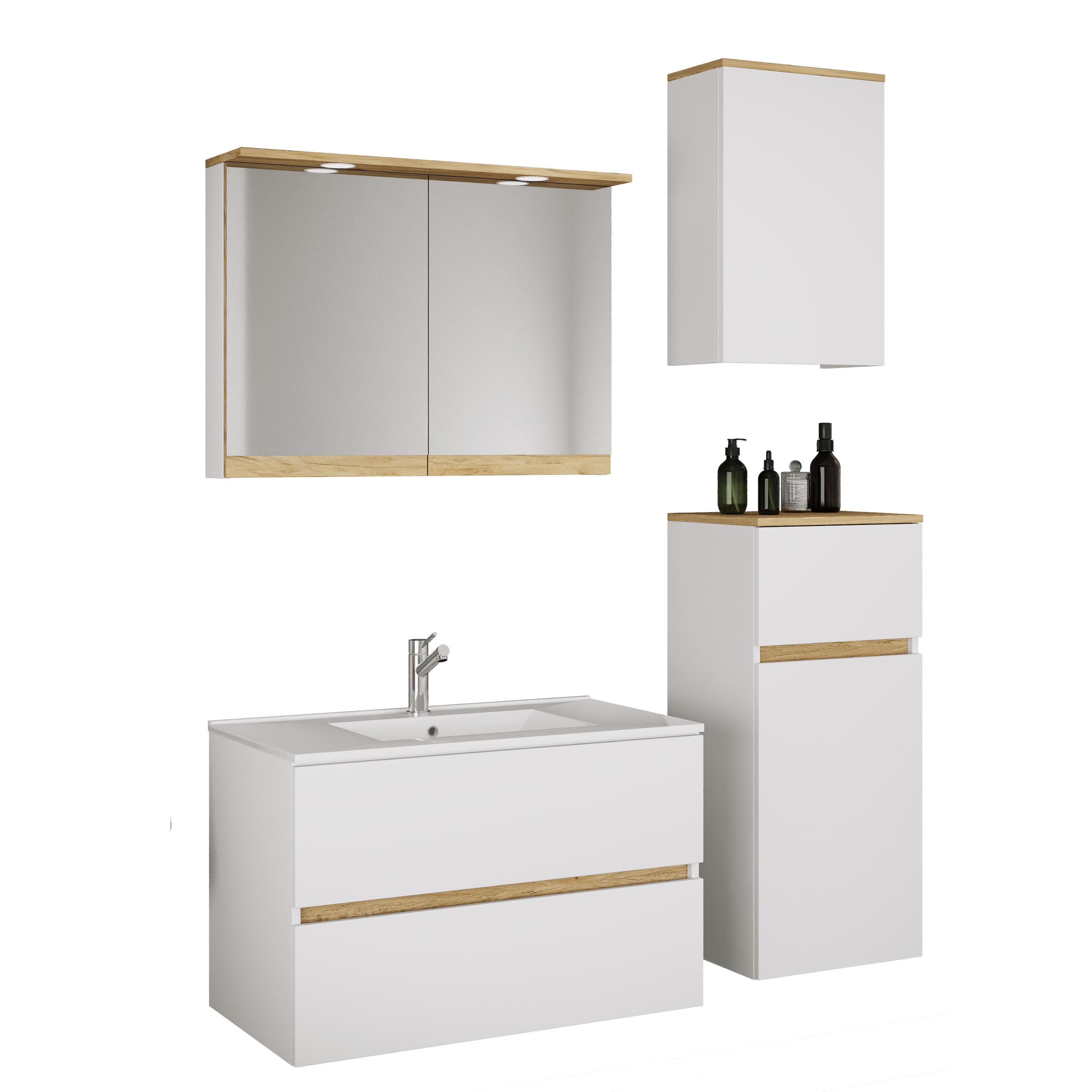VCM 5-tlg. Waschtisch Set mit Keramikbecken, Badschrank mit 2 Softclose-Schubladen, Midischrank, H&auml;ngeschrank, Spiegelschrank mit Beleuchtung und Steckdose, Ma&szlig;e Unterschrank H. 51 x B. 81 x T. 47 cm, Cosila-I - Bild 1