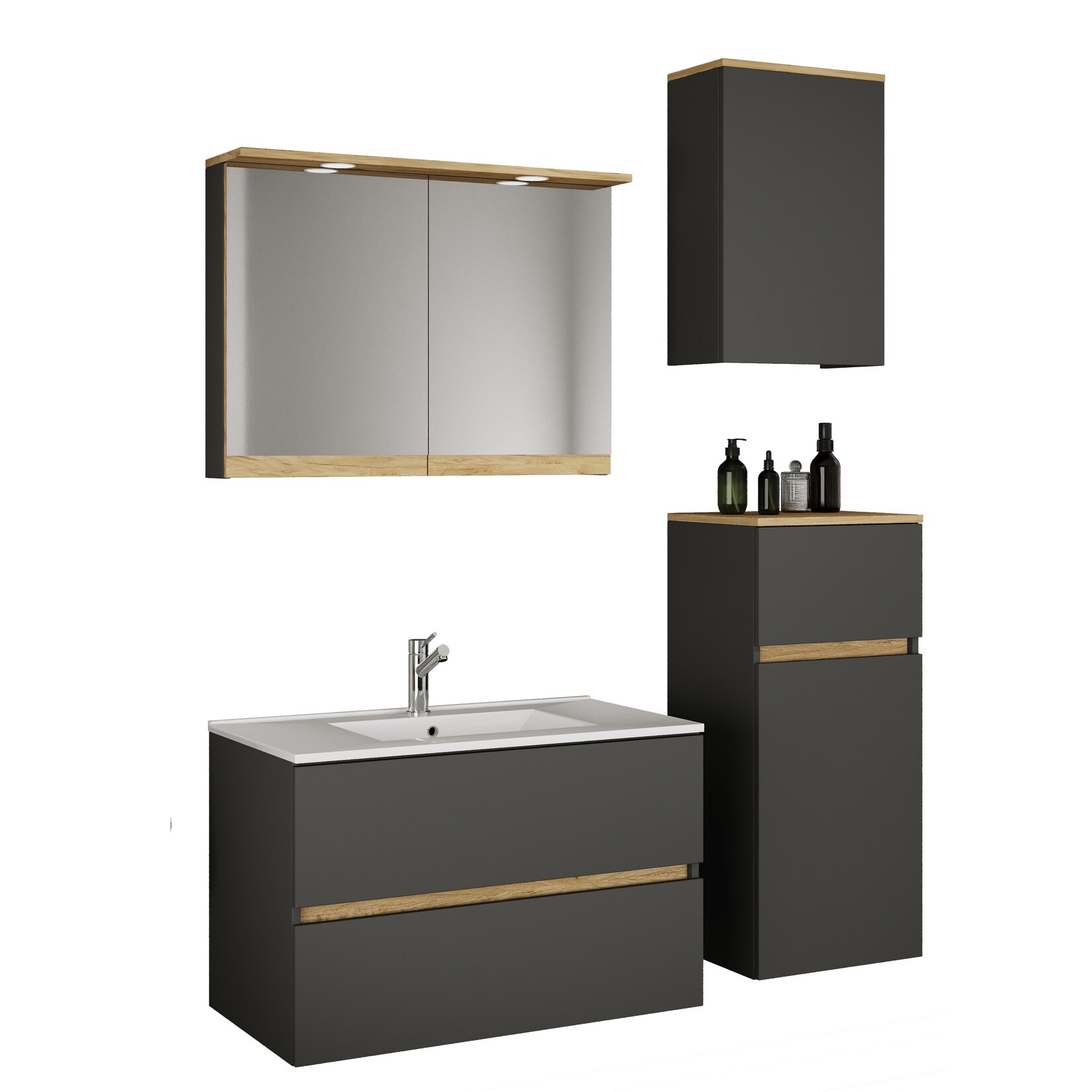 VCM 5-tlg. Waschtisch Set mit Keramikbecken, Badschrank mit 2 Softclose-Schubladen, Midischrank, Hängeschrank, Spiegelschrank mit Beleuchtung und Steckdose, Maße Unterschrank H. 51 x B. 81 x T. 47 cm, Cosila-I