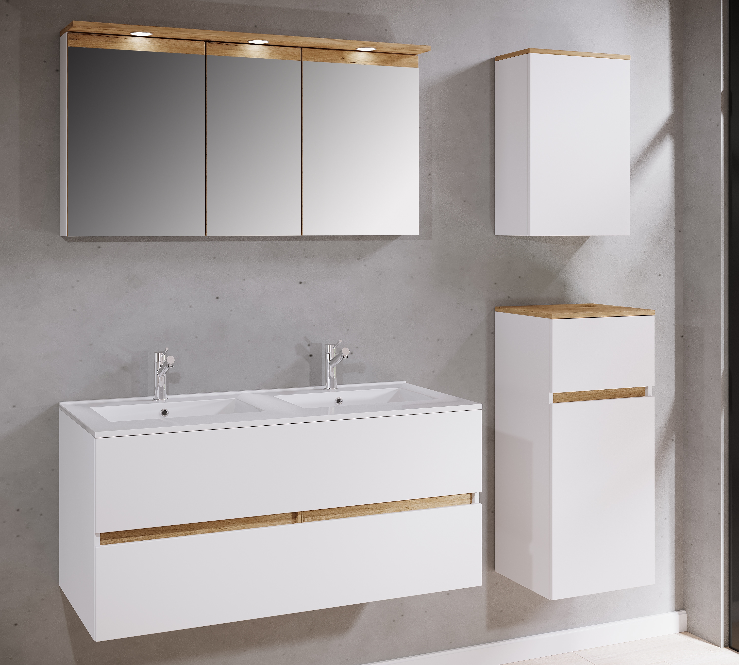 VCM 5-tlg. Doppelwaschtisch Cosila mit Doppel Keramikbecken &ndash; Badschrank  H. 51 x B. 111 x T. 51 cm mit 2 Softclose-Schubladen, Spiegelschrank mit Beleuchtung & Steckdose, Midi und H&auml;ngeschrank, Waschplatz Set Cosila-I - Bild 1
