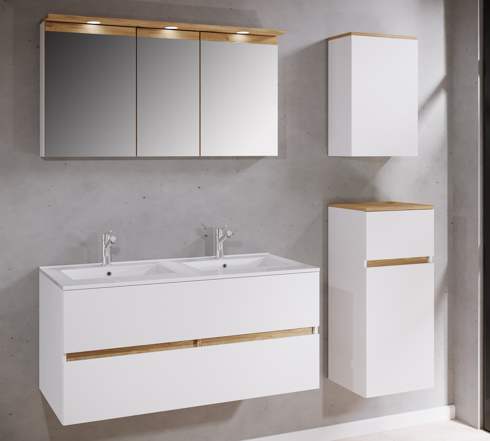 VCM 5-tlg. Doppelwaschtisch Cosila mit Doppel Keramikbecken – Badschrank H. 51 x B. 111 x T. 51 cm mit 2 Softclose-Schubladen, Spiegelschrank mit Beleuchtung & Steckdose, Midi und Hängeschrank, Waschplatz Set Cosila-I