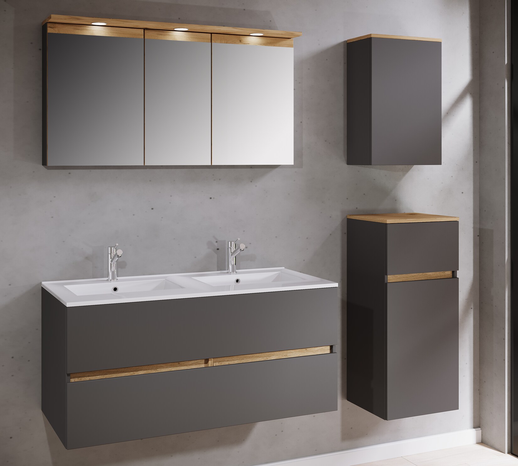 VCM 5-tlg. Doppelwaschtisch Cosila mit Doppel Keramikbecken – Badschrank H. 51 x B. 111 x T. 51 cm mit 2 Softclose-Schubladen, Spiegelschrank mit Beleuchtung & Steckdose, Midi und Hängeschrank, Waschplatz Set Cosila-I