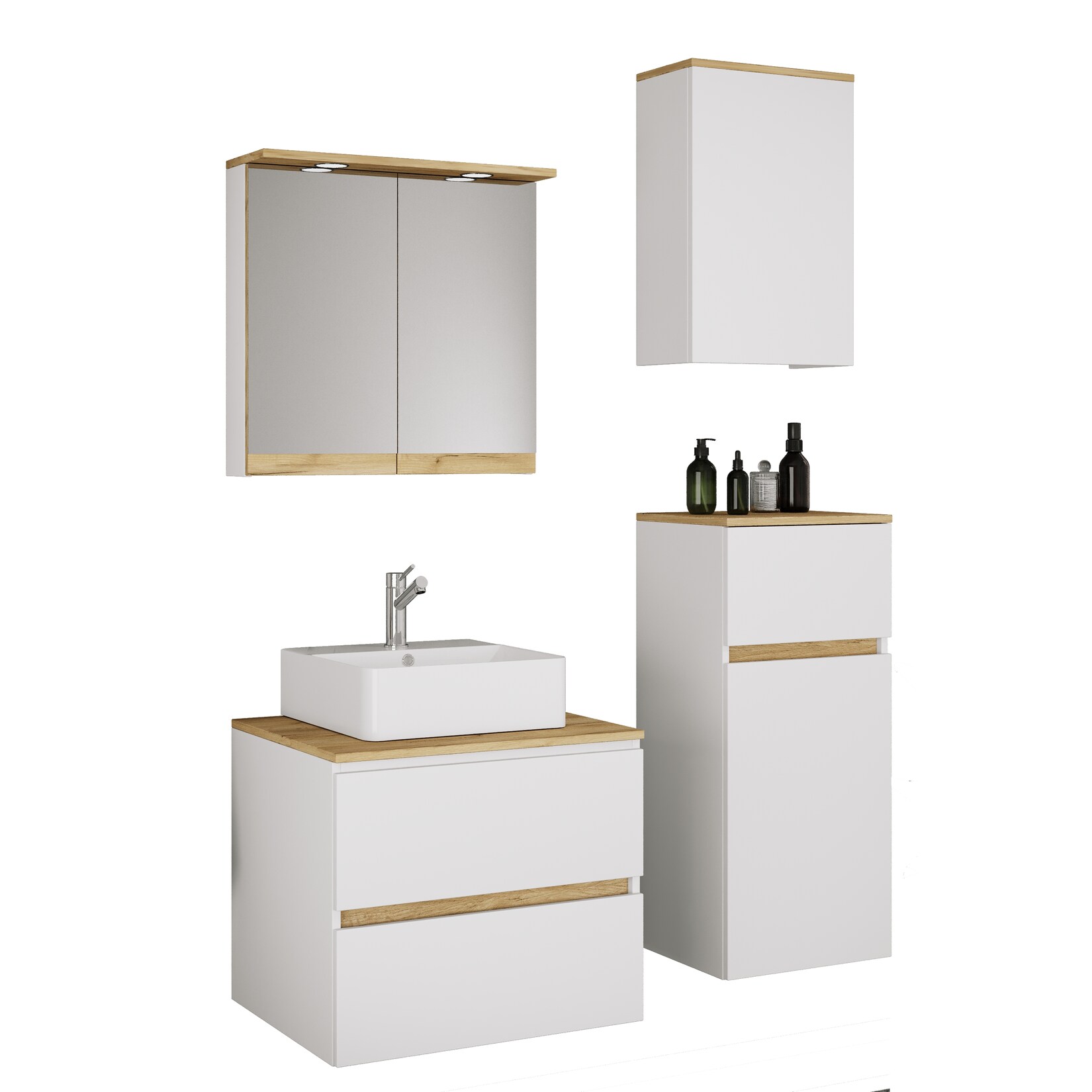 VCM 5-tlg. Waschtisch Set mit Keramikbecken, Badschrank mit 2 Softclose-Schubladen, Midischrank, Hängeschrank, Spiegelschrank mit Beleuchtung und Steckdose, Maße Unterschrank H. 51 x B. 60 x T. 47 cm, Cosila-A