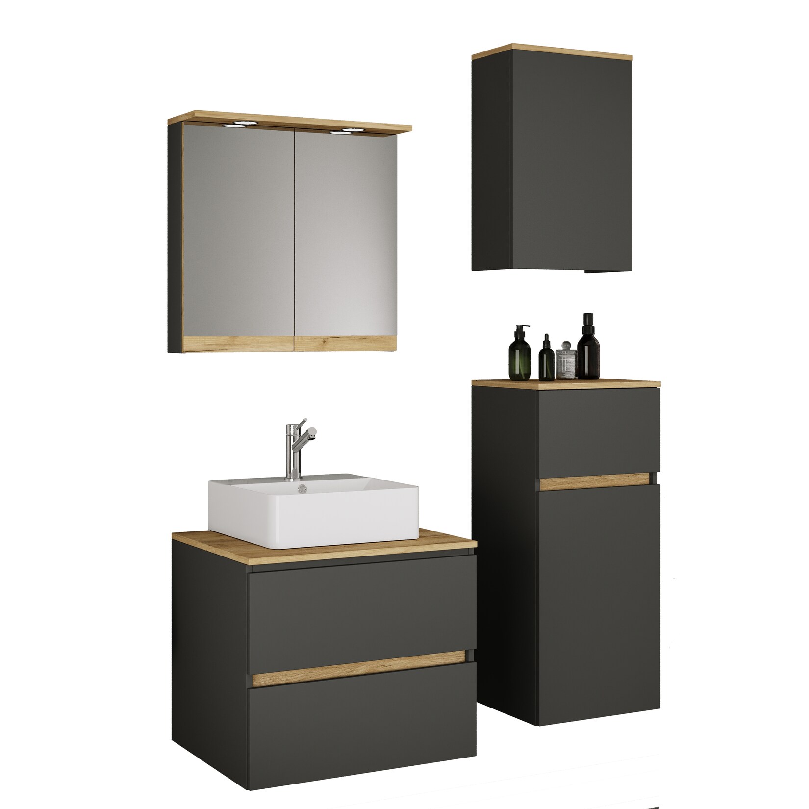 VCM 5-tlg. Waschtisch Set mit Keramikbecken, Badschrank mit 2 Softclose-Schubladen, Midischrank, Hängeschrank, Spiegelschrank mit Beleuchtung und Steckdose, Maße Unterschrank H. 51 x B. 60 x T. 47 cm, Cosila-A
