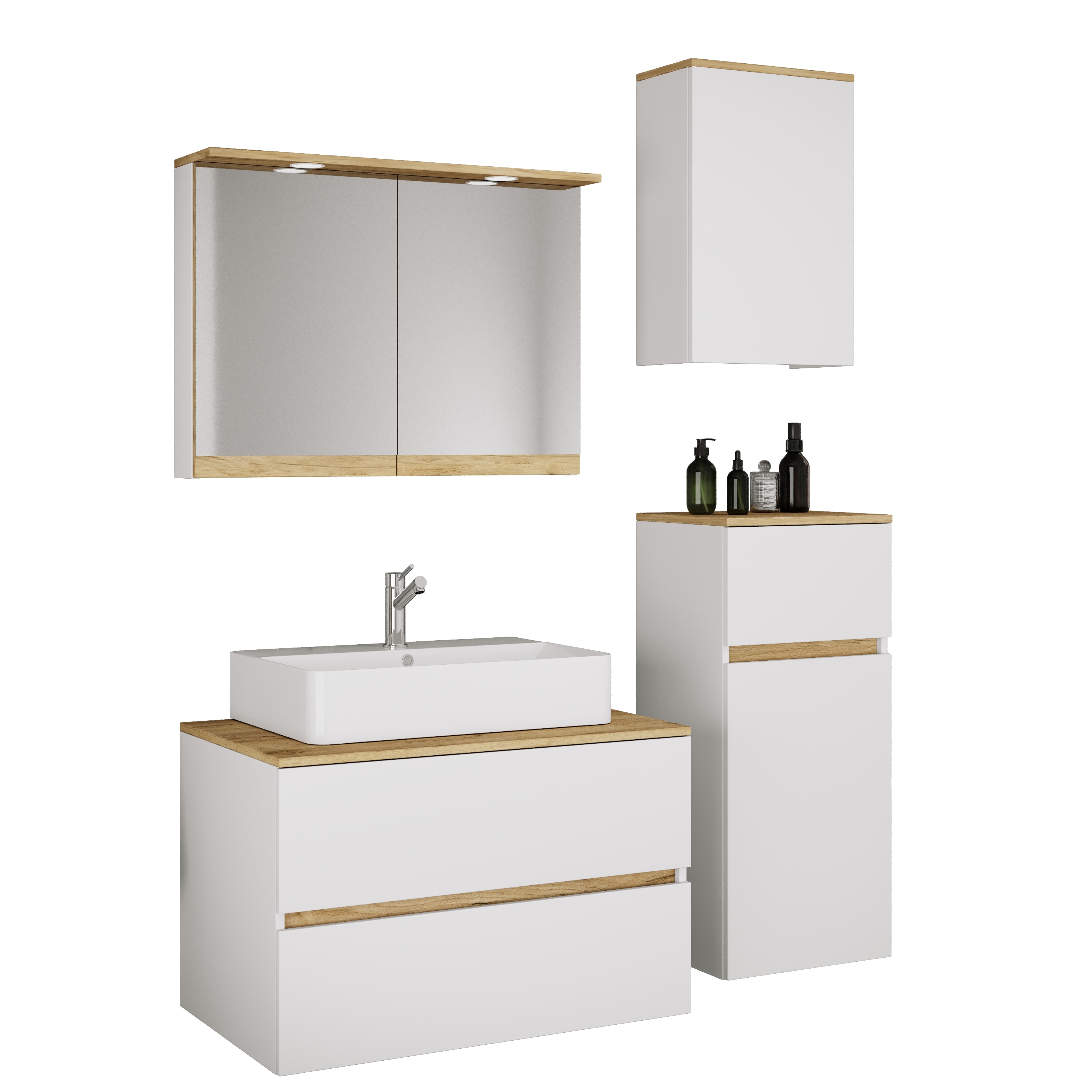 VCM 5-tlg. Waschtisch Set mit Keramikbecken, Badschrank mit 2 Softclose-Schubladen, Midischrank, H&auml;ngeschrank, Spiegelschrank mit Beleuchtung und Steckdose, Ma&szlig;e Unterschrank H. 51 x B. 80 x T. 47 cm, Cosila-A - Bild 1