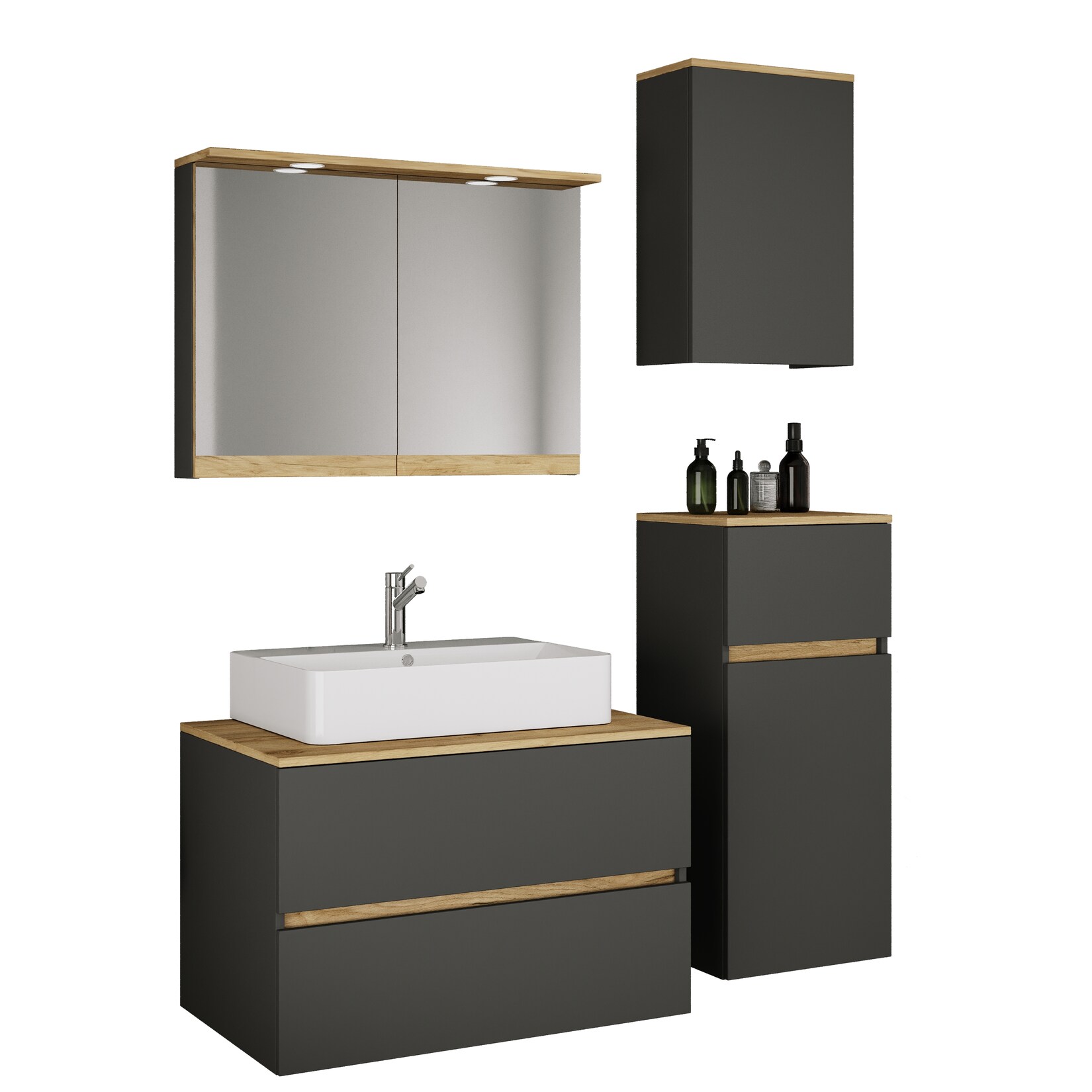 VCM 5-tlg. Waschtisch Set mit Keramikbecken, Badschrank mit 2 Softclose-Schubladen, Midischrank, Hängeschrank, Spiegelschrank mit Beleuchtung und Steckdose, Maße Unterschrank H. 51 x B. 80 x T. 47 cm, Cosila-A